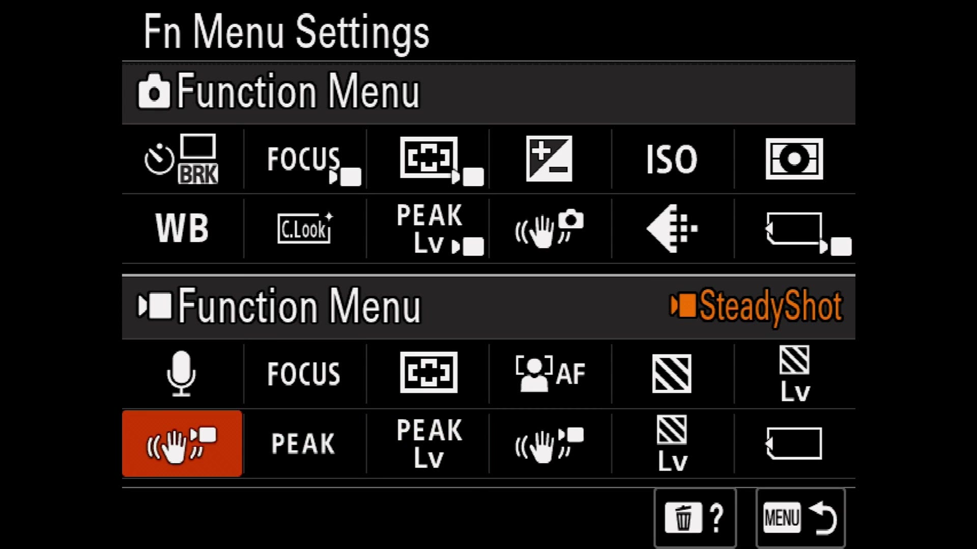 The FX30 function menu settings screen with SteadyShot assigned to the bottom row