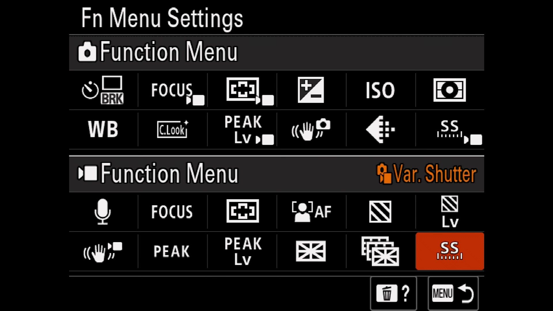 The FX30 function menu settings screen with Variable Shutter assigned to the last slot