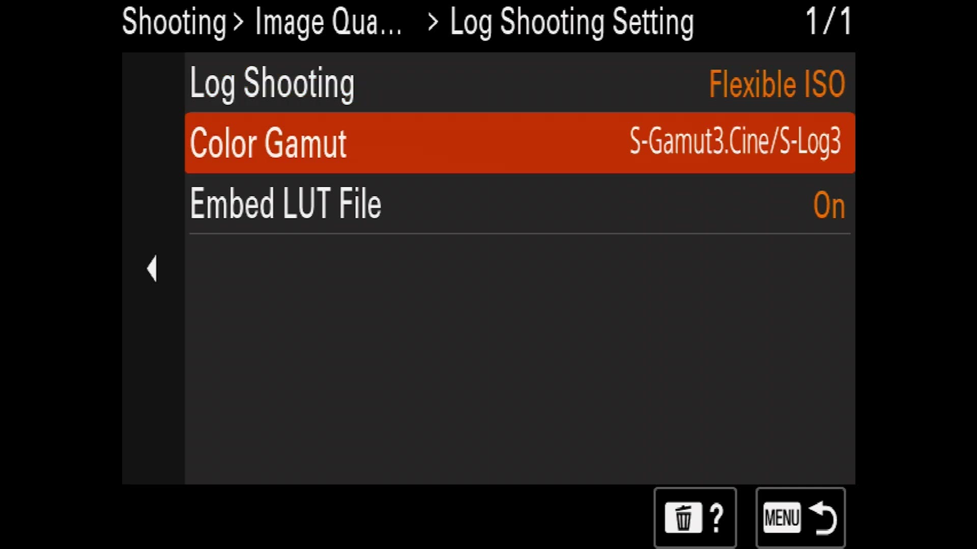 Sony FX30 Log Shooting Setting menu with Log Shooting set to Flexible ISO and Color Gamut set to S-Gamut3.Cine/S-Log3