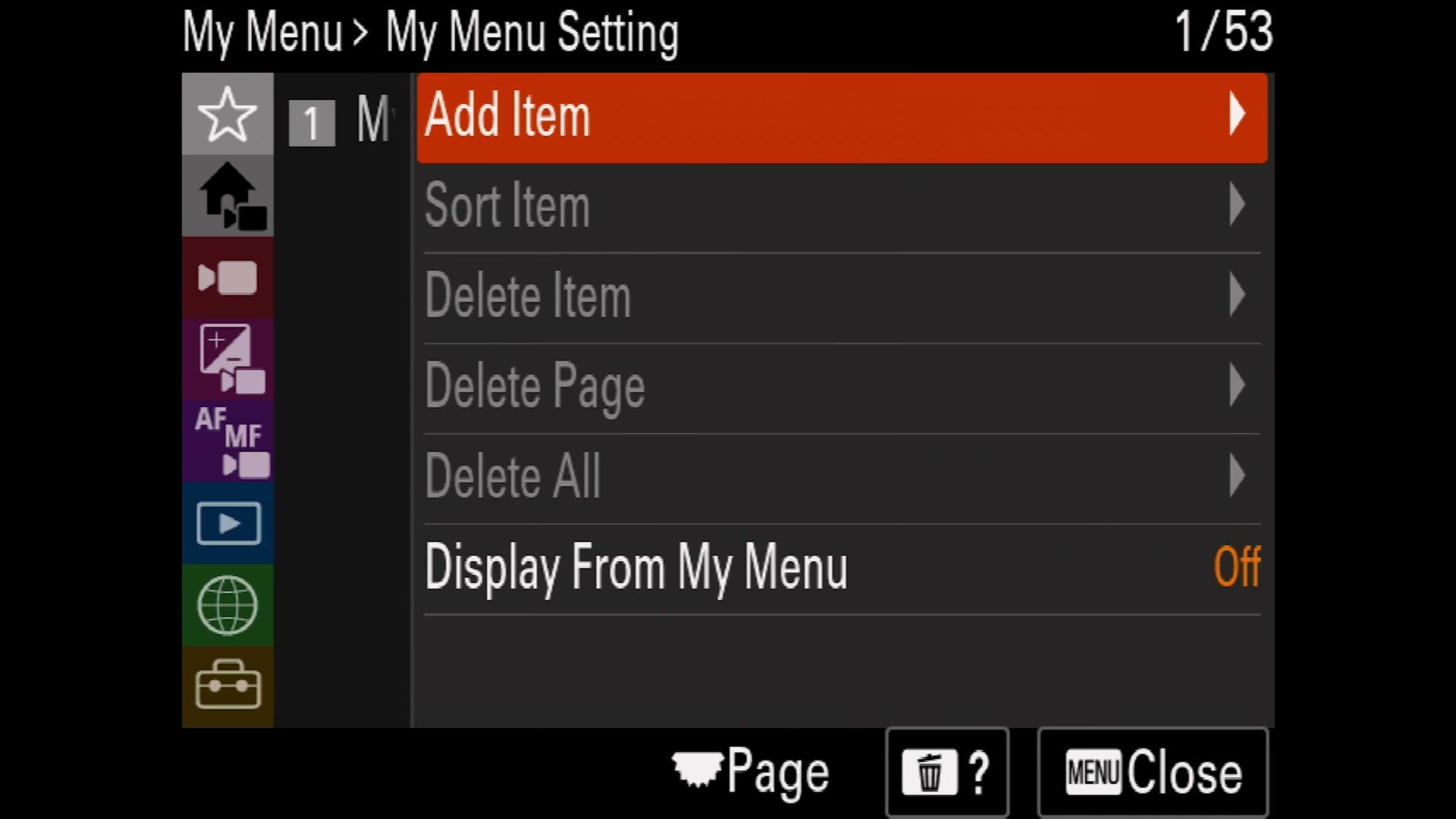 The FX30 My Menu Setting screen showing Add Item and Display From My Menu set to Off