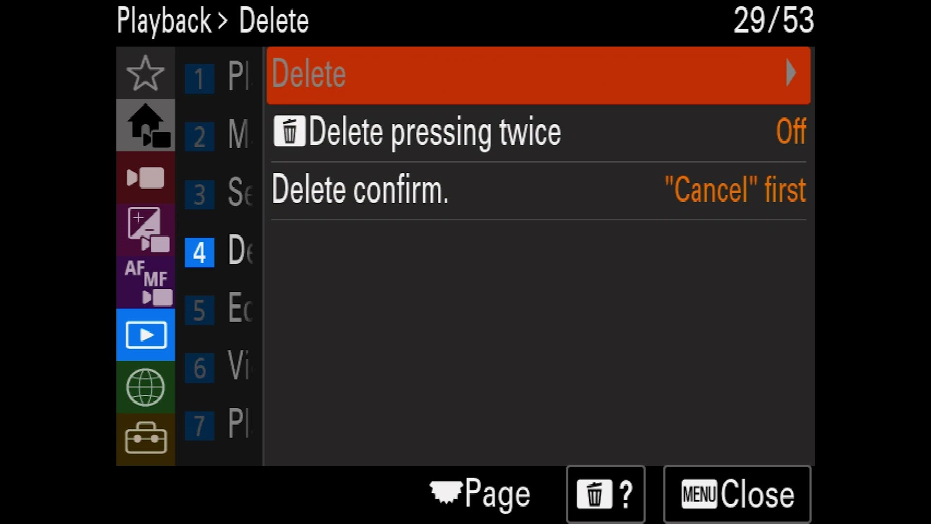 The FX30 Playback Delete menu showing Delete pressing twice and Delete confirm