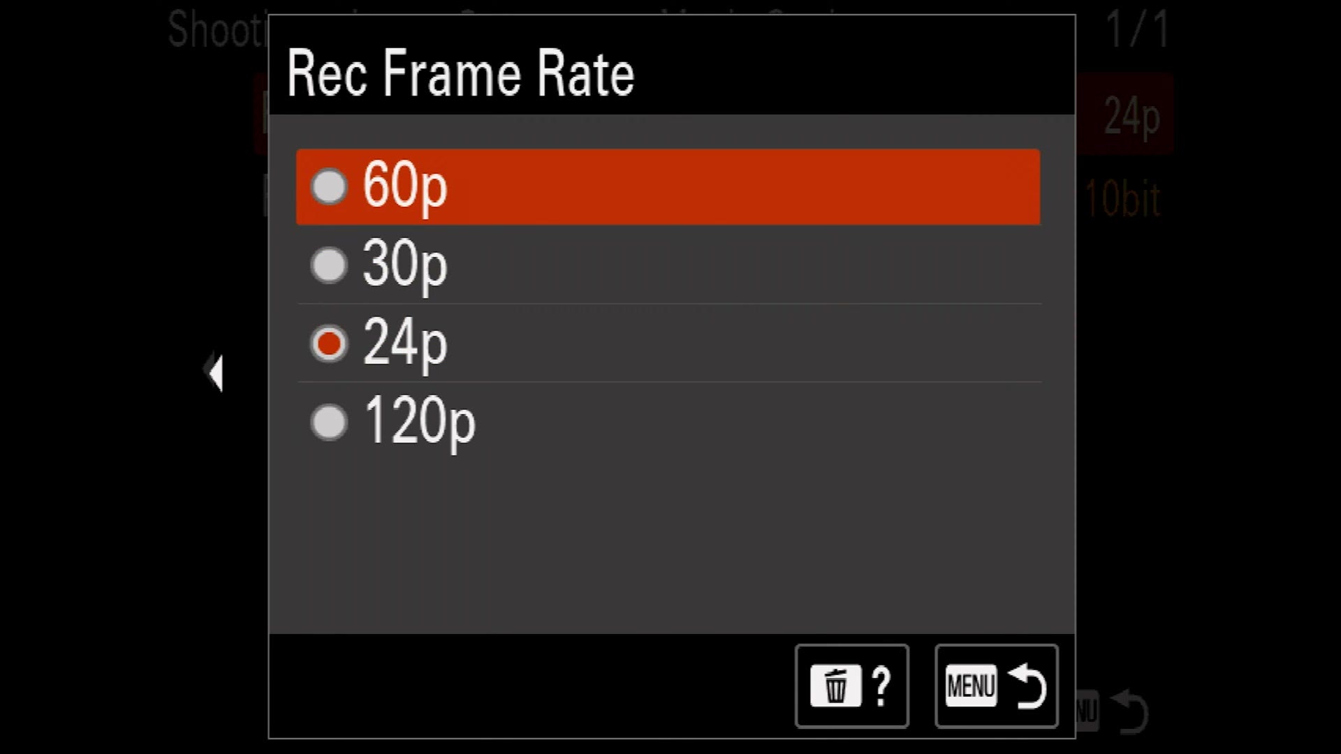 The FX30 Rec Frame Rate menu showing 60p, 30p, 24p and 120p
