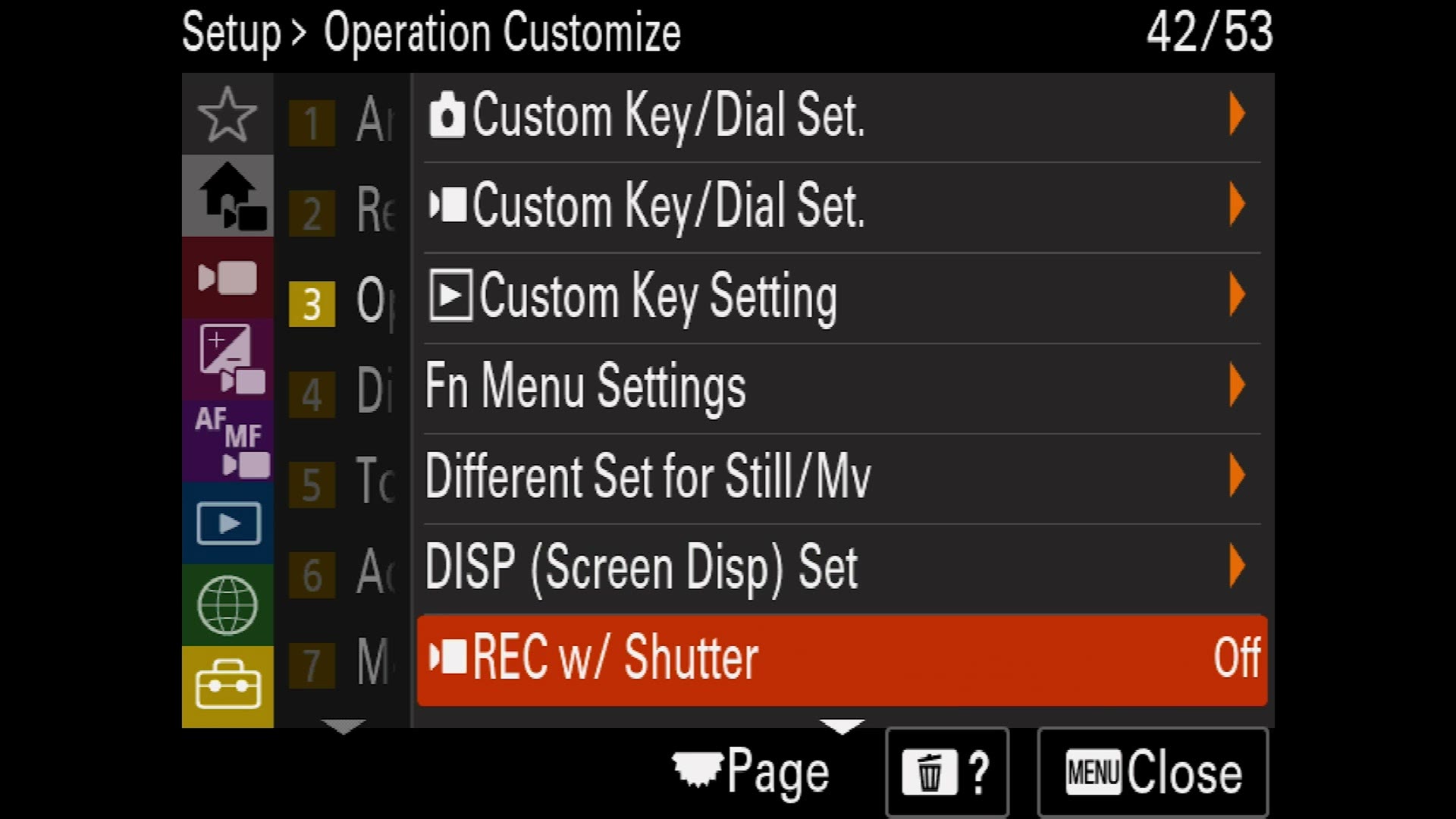 The FX30 Operation Customize menu with REC w/ Shutter set to Off
