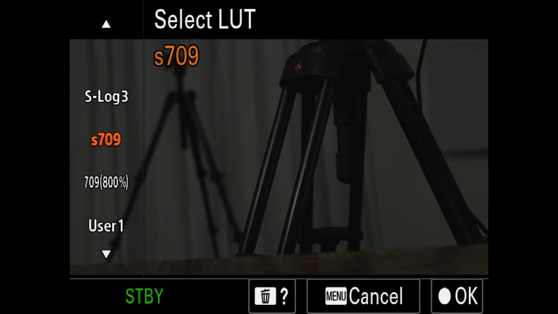 The FX30 Select LUT screen showing S-Log3, s709, 709(800%) and User1