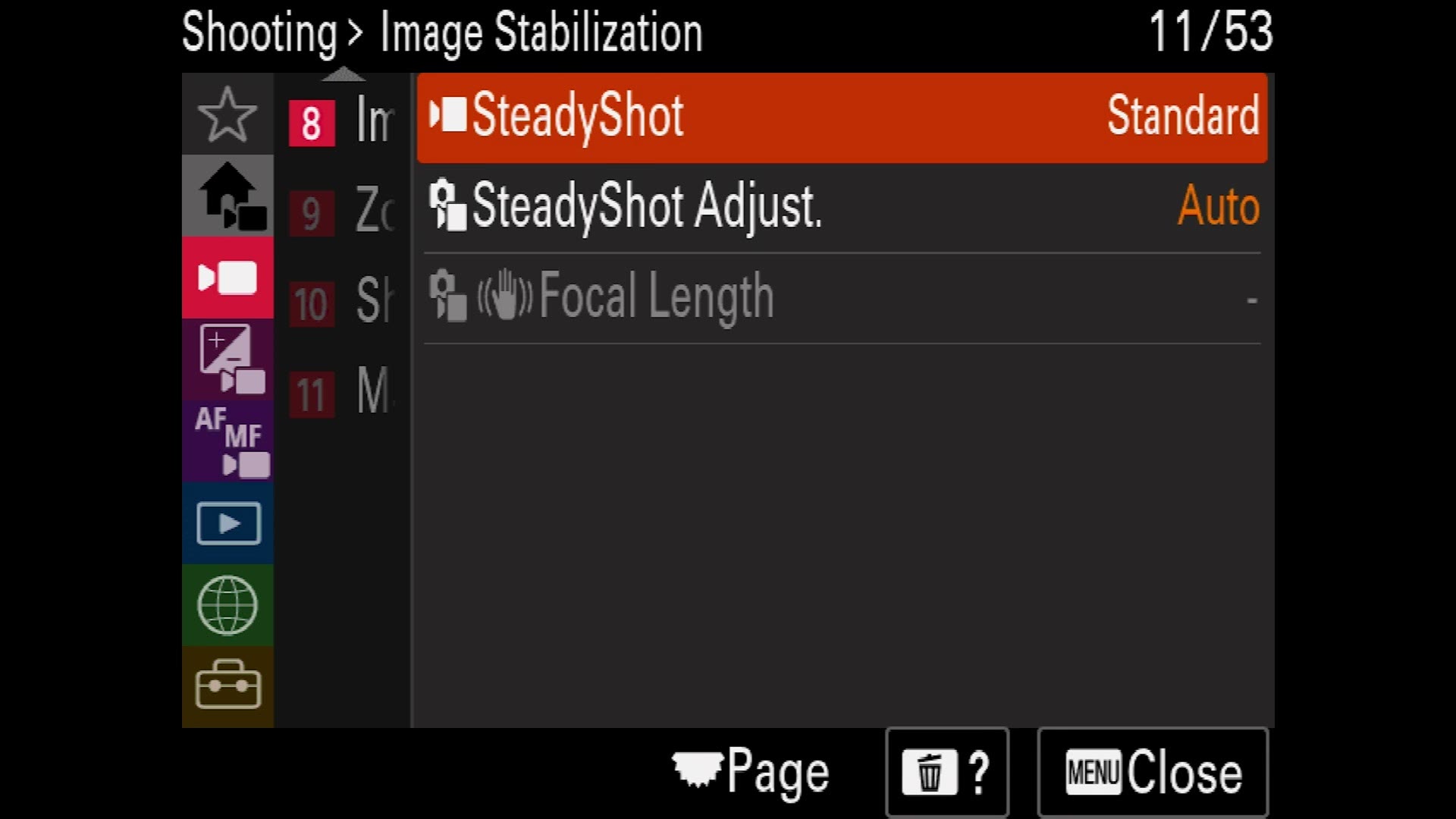 The FX30 image stabilization menu showing SteadyShot set to Standard