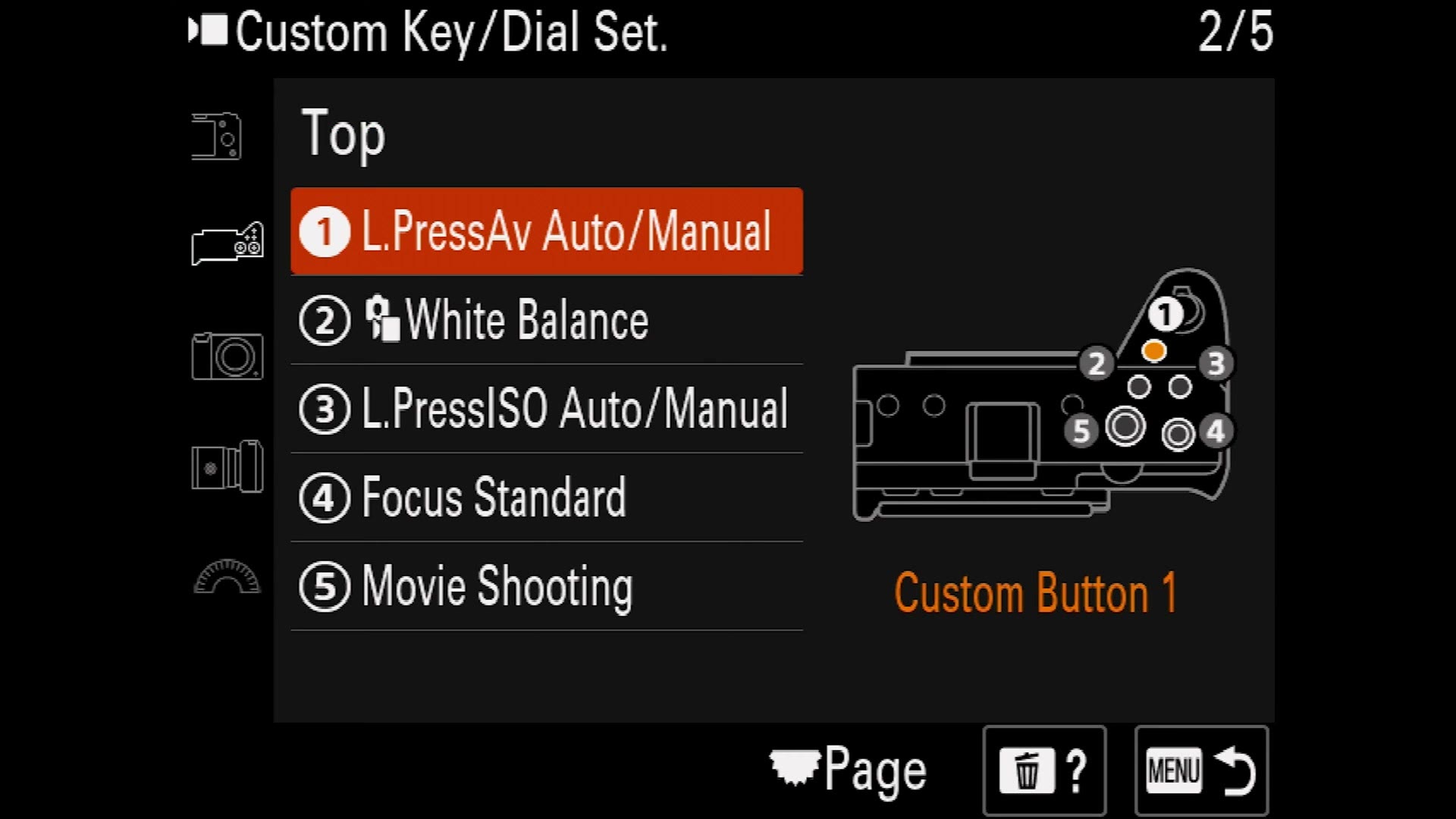 The FX30 custom key settings screen showing the top button assignments
