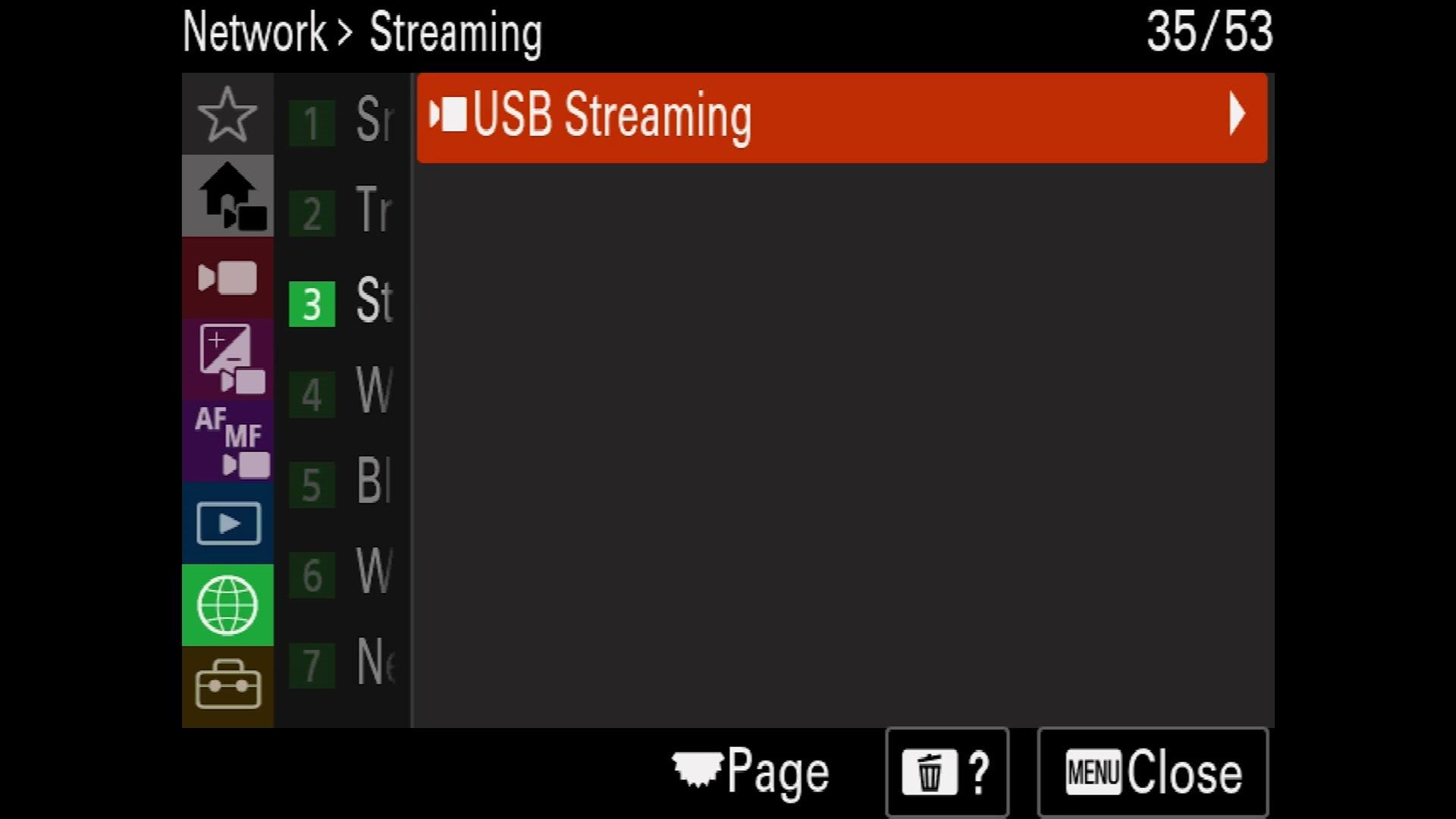 The FX30 network streaming menu with USB Streaming highlighted