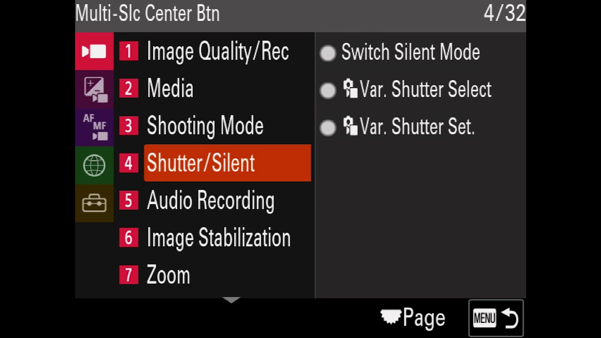 The FX30 multi selector centre button assignment screen with Variable Shutter Setting highlighted
