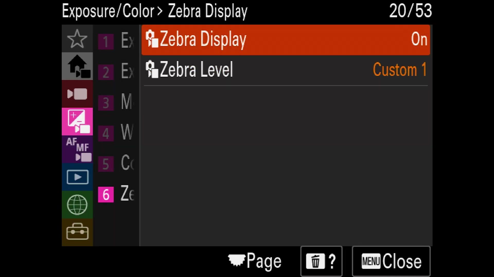 Sony FX30 Exposure Color menu showing Zebra Display turned on and Zebra Level set to Custom 1