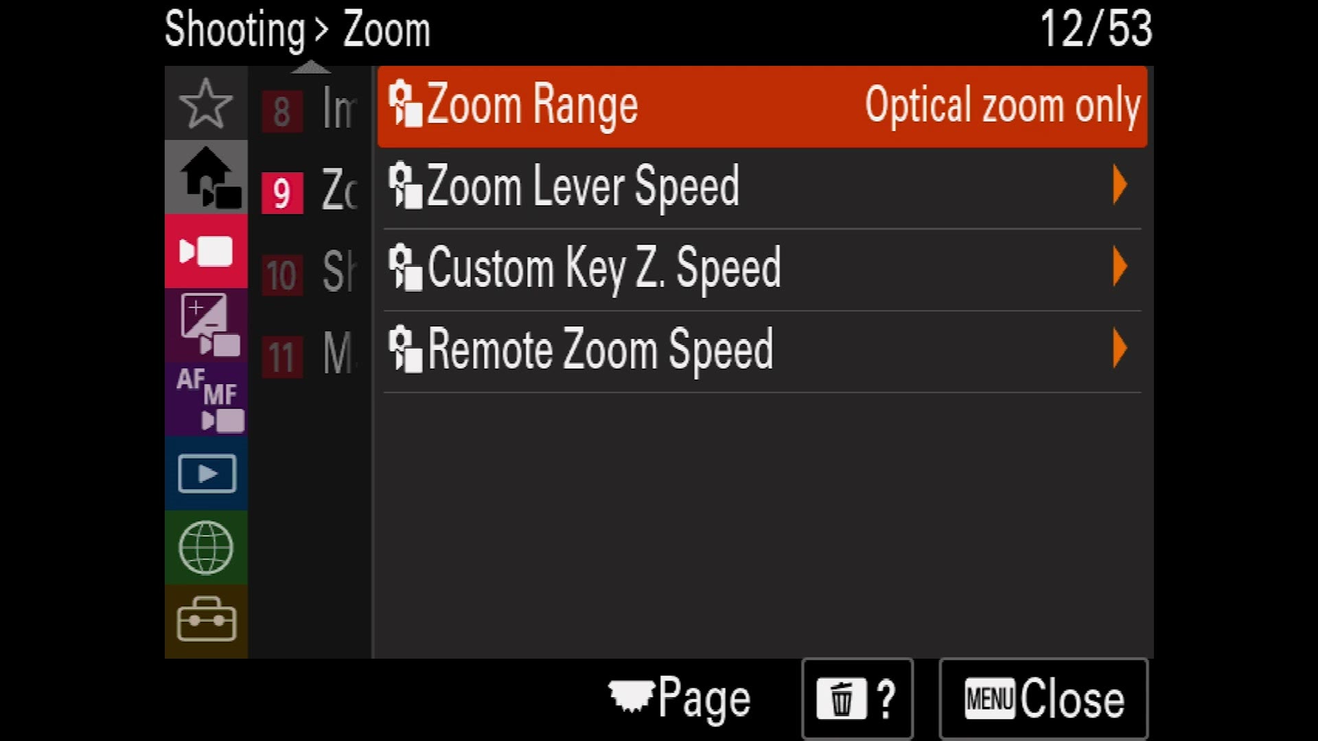 The FX30 Zoom menu showing Zoom Range set to Optical zoom only