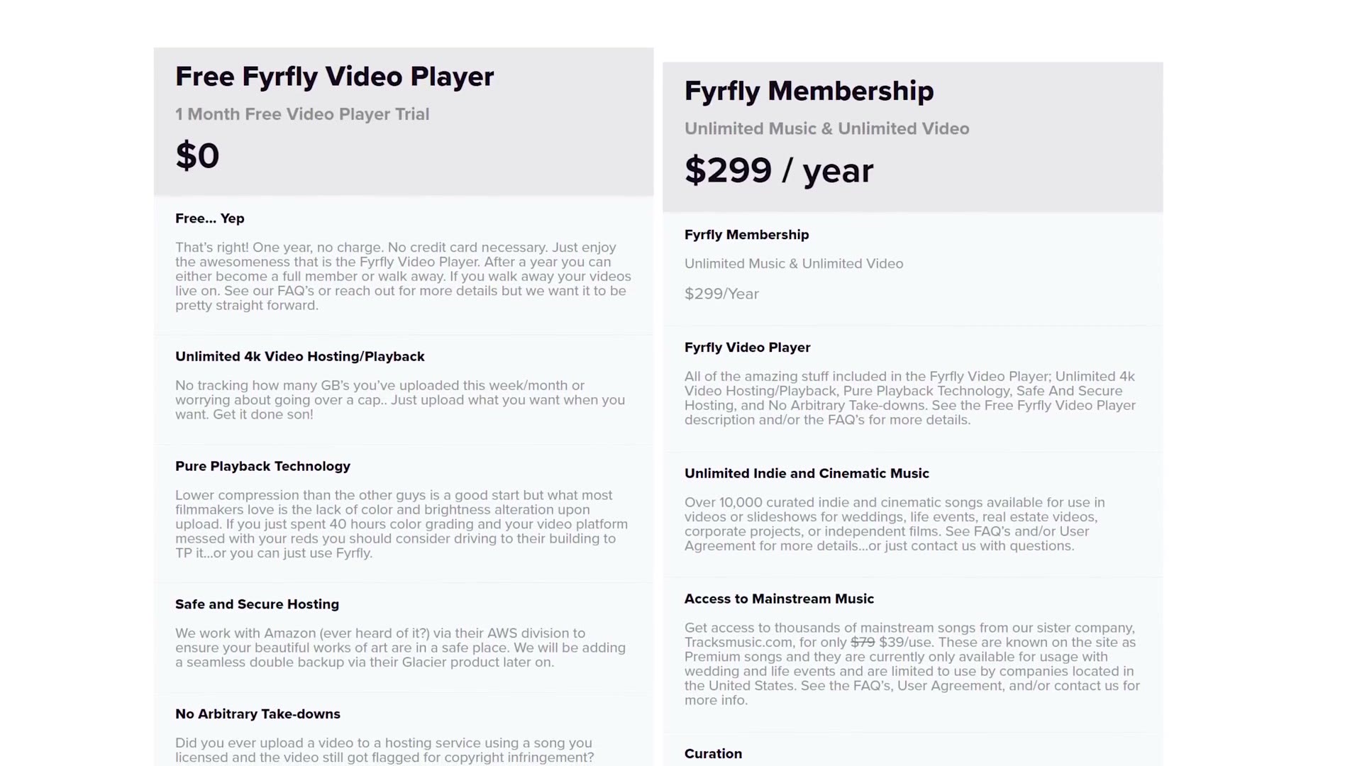 Fyrfly pricing page showing the free video player and the 299 dollar per year membership