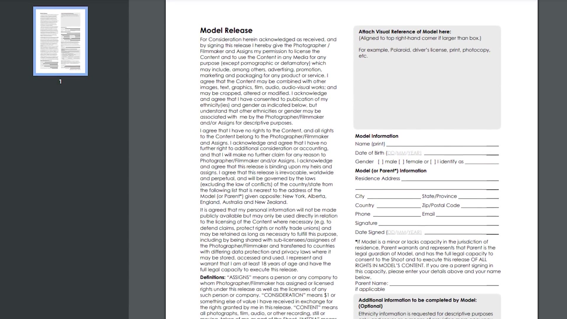 The Getty Images model release form