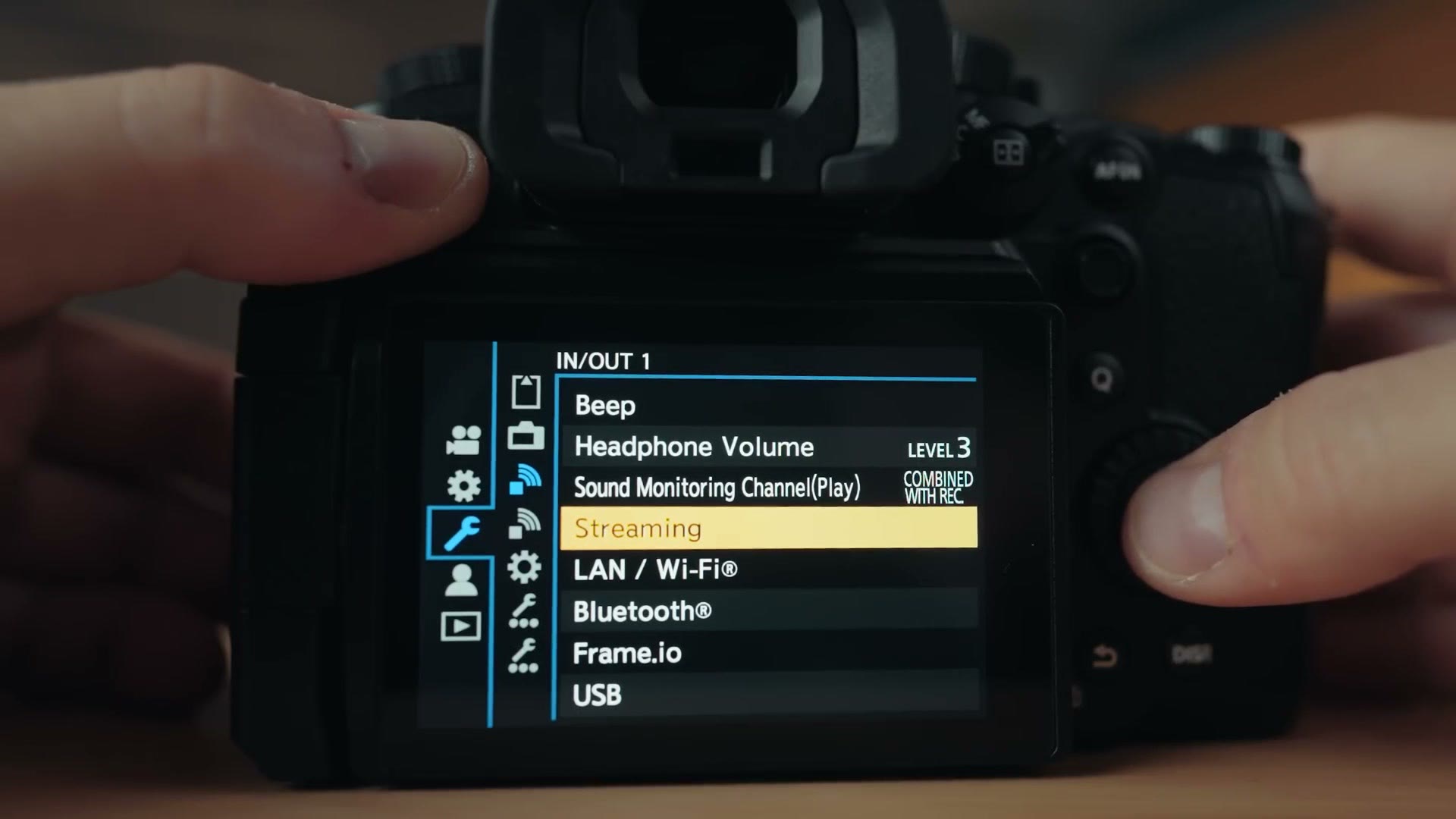 Panasonic GH7 menu showing streaming, LAN, Bluetooth, Frame.io and USB options