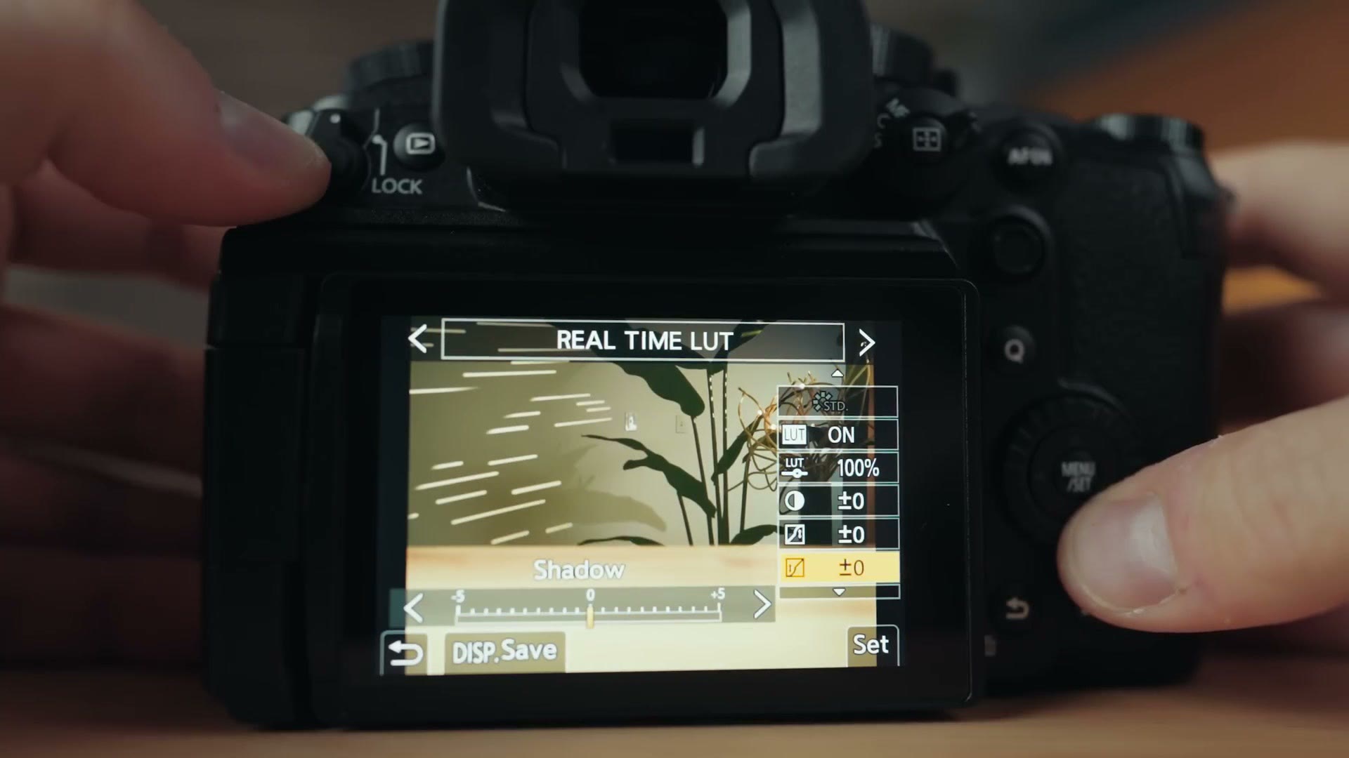 Panasonic GH7 rear screen showing the Real Time LUT menu