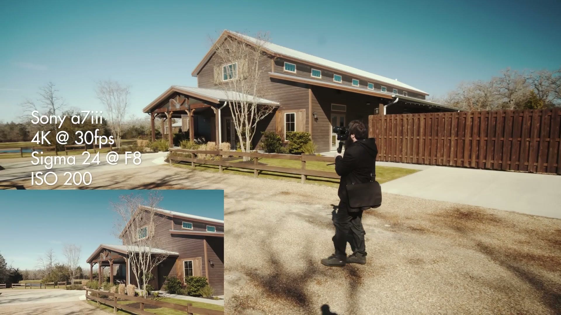 Behind the scenes of a filmmaker walking with a gimbal outside a wedding venue, with an on screen overlay reading Sony a7iii, 4K at 30fps, Sigma 24 at F8, ISO 200