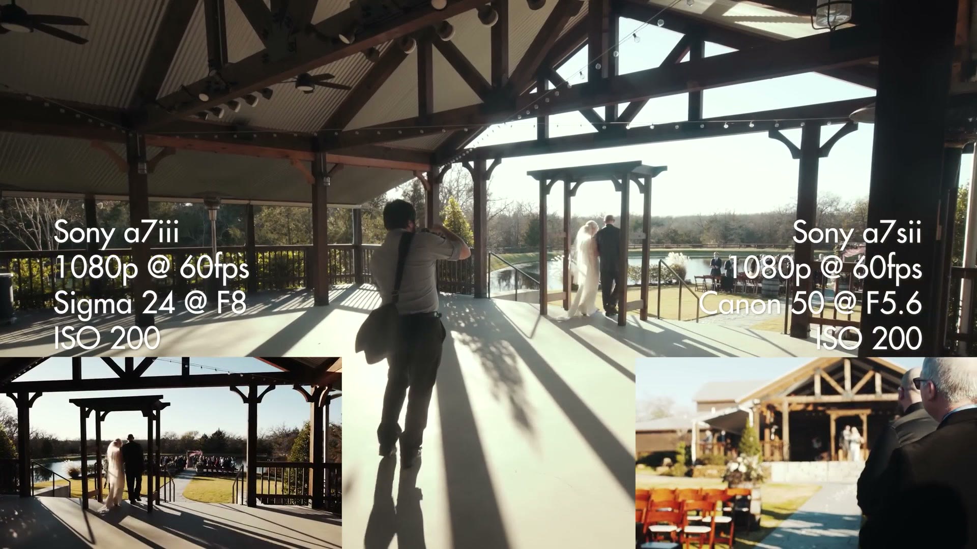 A split screen showing a filmmaker with a gimbal on the left and the resulting wedding footage on the right, with settings overlays for both cameras