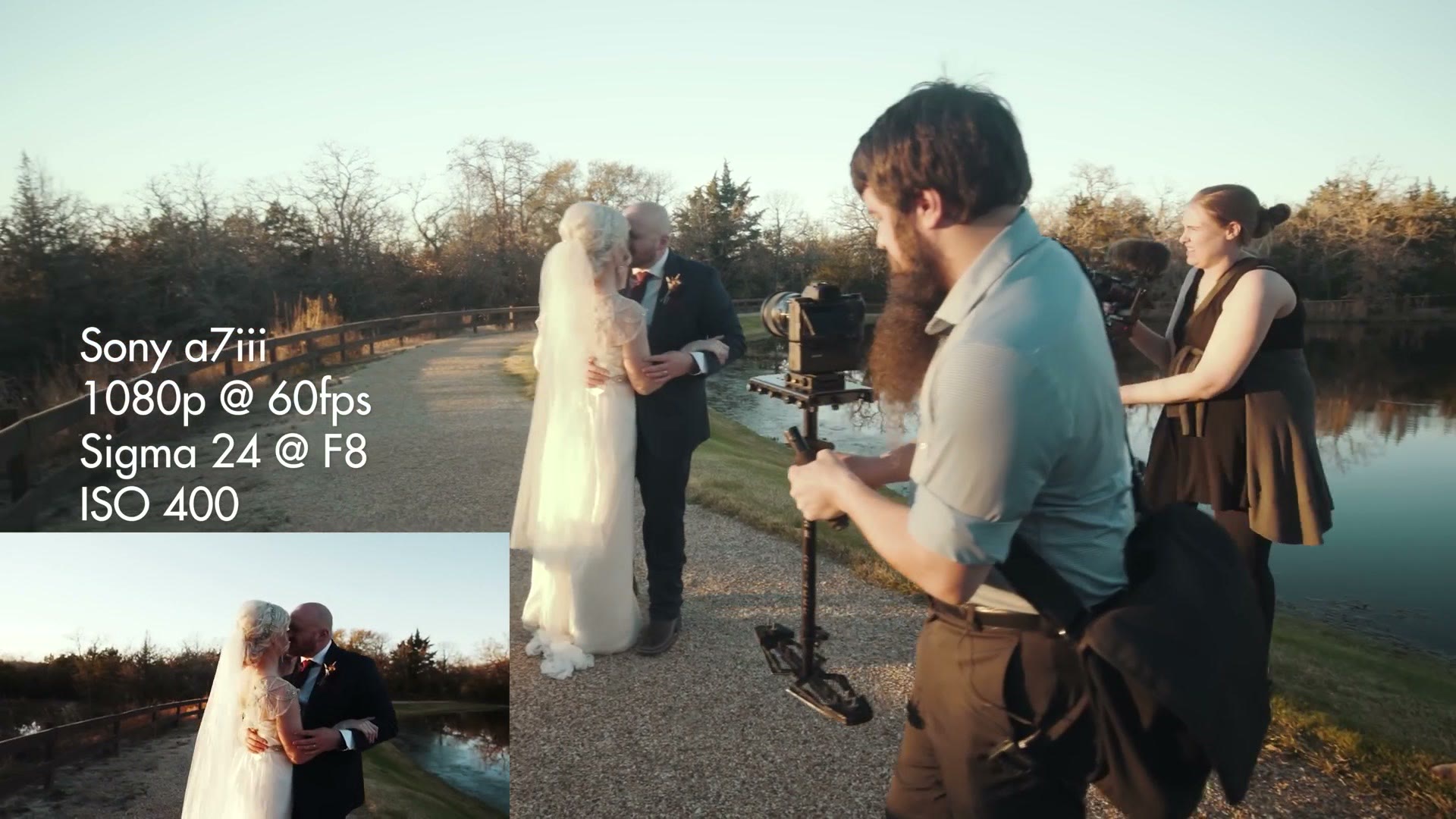 Behind the scenes of a filmmaker circling a bride and groom with a handheld stabilizer at sunset by a lake