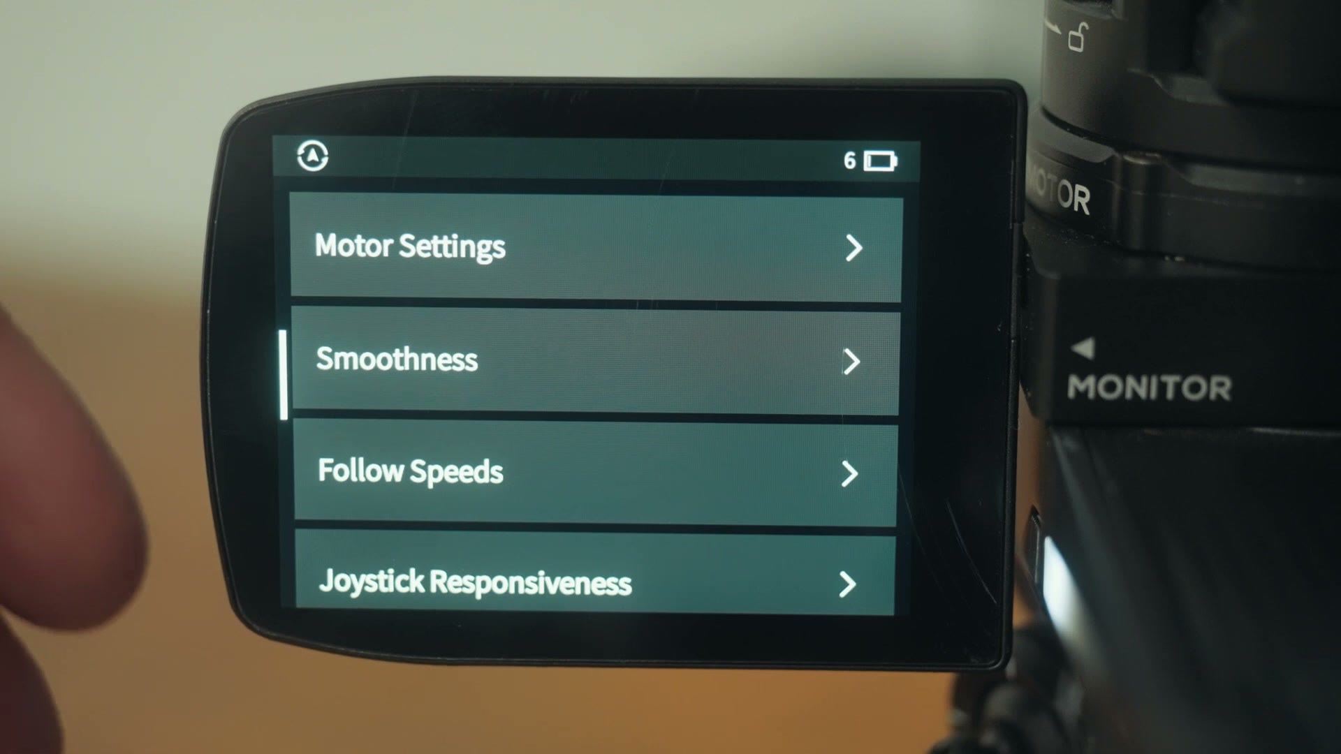 Gimbal menu showing motor settings, smoothness, follow speeds and joystick responsiveness