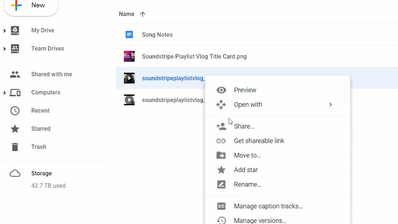 Google Drive right-click menu open on a video file, with Get shareable link listed among the options and 42.7 TB used shown in the sidebar