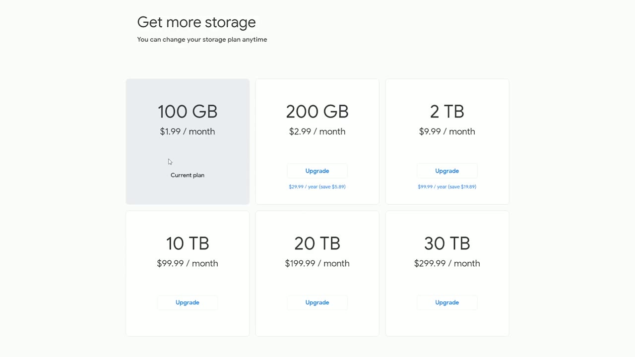 Google Drive storage plan tiers listed from 100 GB at $1.99/month up to 30 TB at $299.99/month