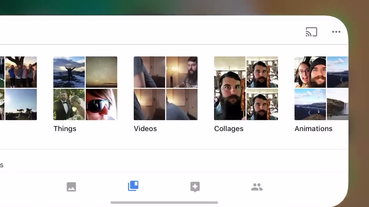 Google Photos library view organized into Things, Videos, Collages, and Animations albums