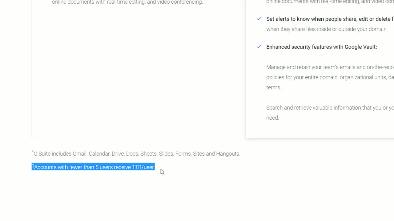 Google Workspace pricing page with the fine print highlighted: accounts with fewer than 5 users receive 1TB per user