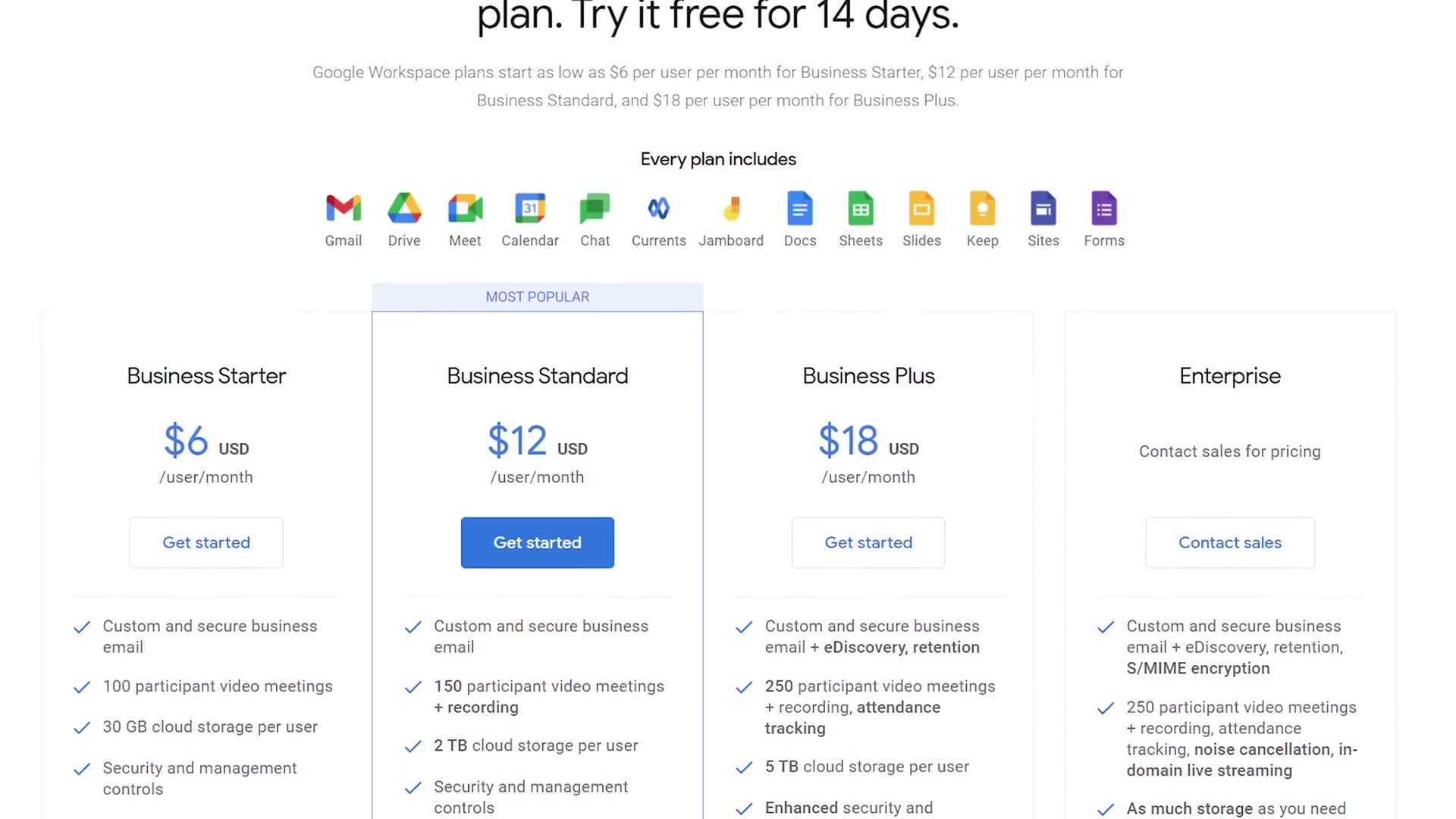 Google Workspace pricing page