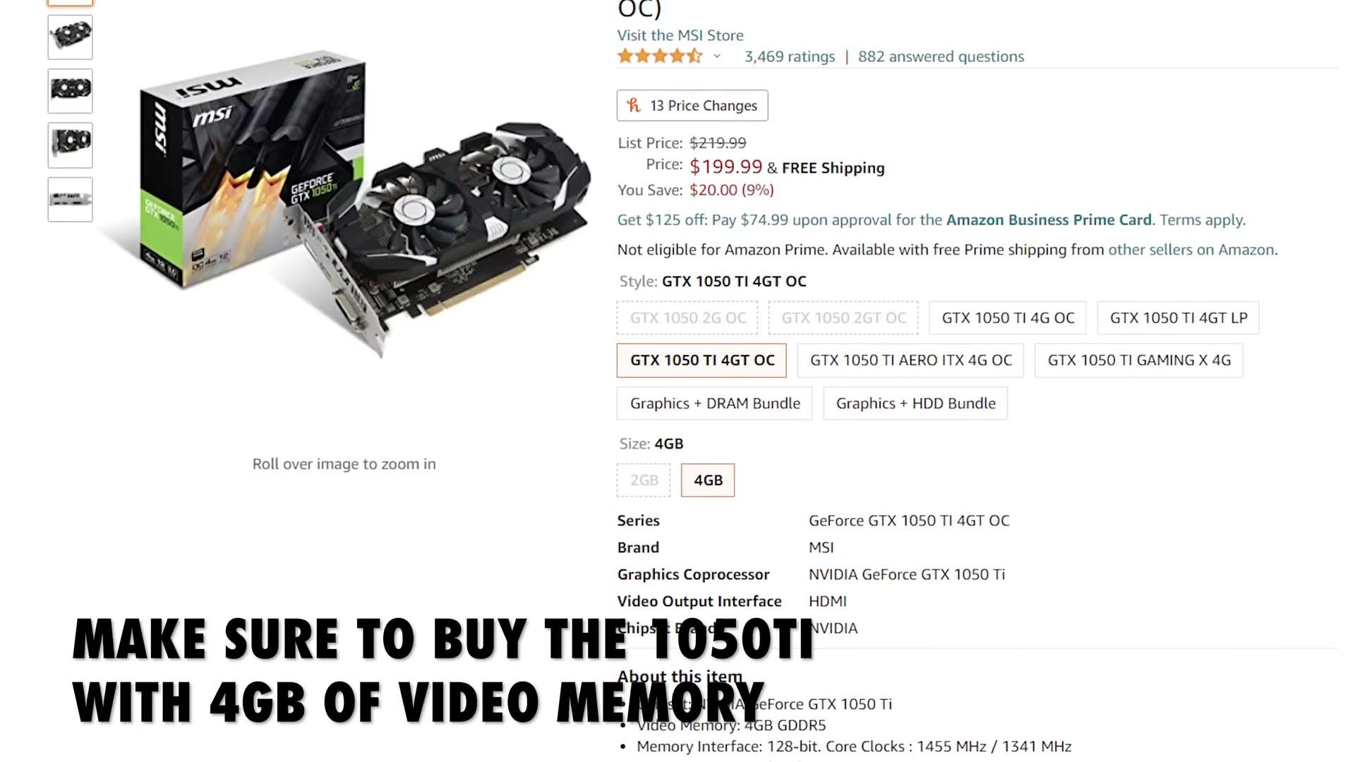 Amazon listing for the MSI GeForce GTX 1050 Ti 4GT OC with on-screen text reminding to buy the 4GB version