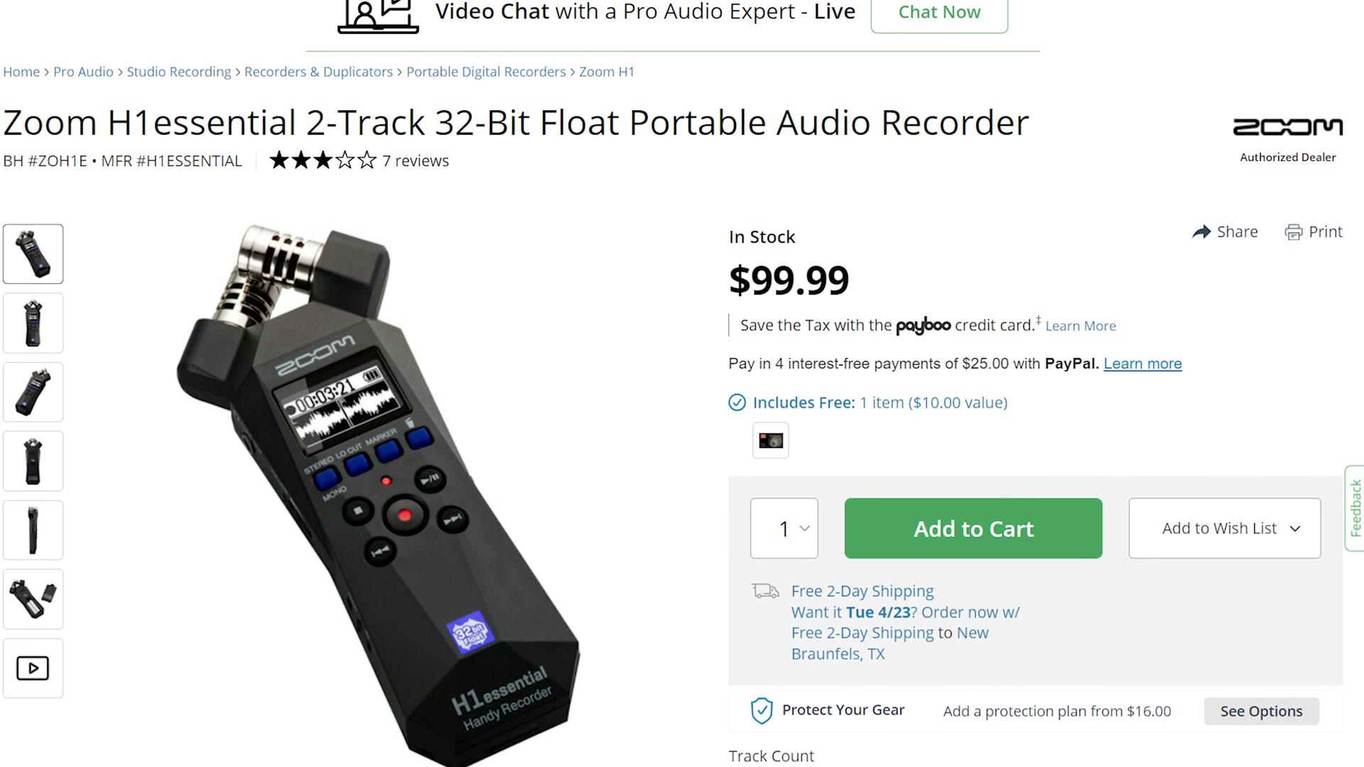 Zoom H1essential listing at $99.99