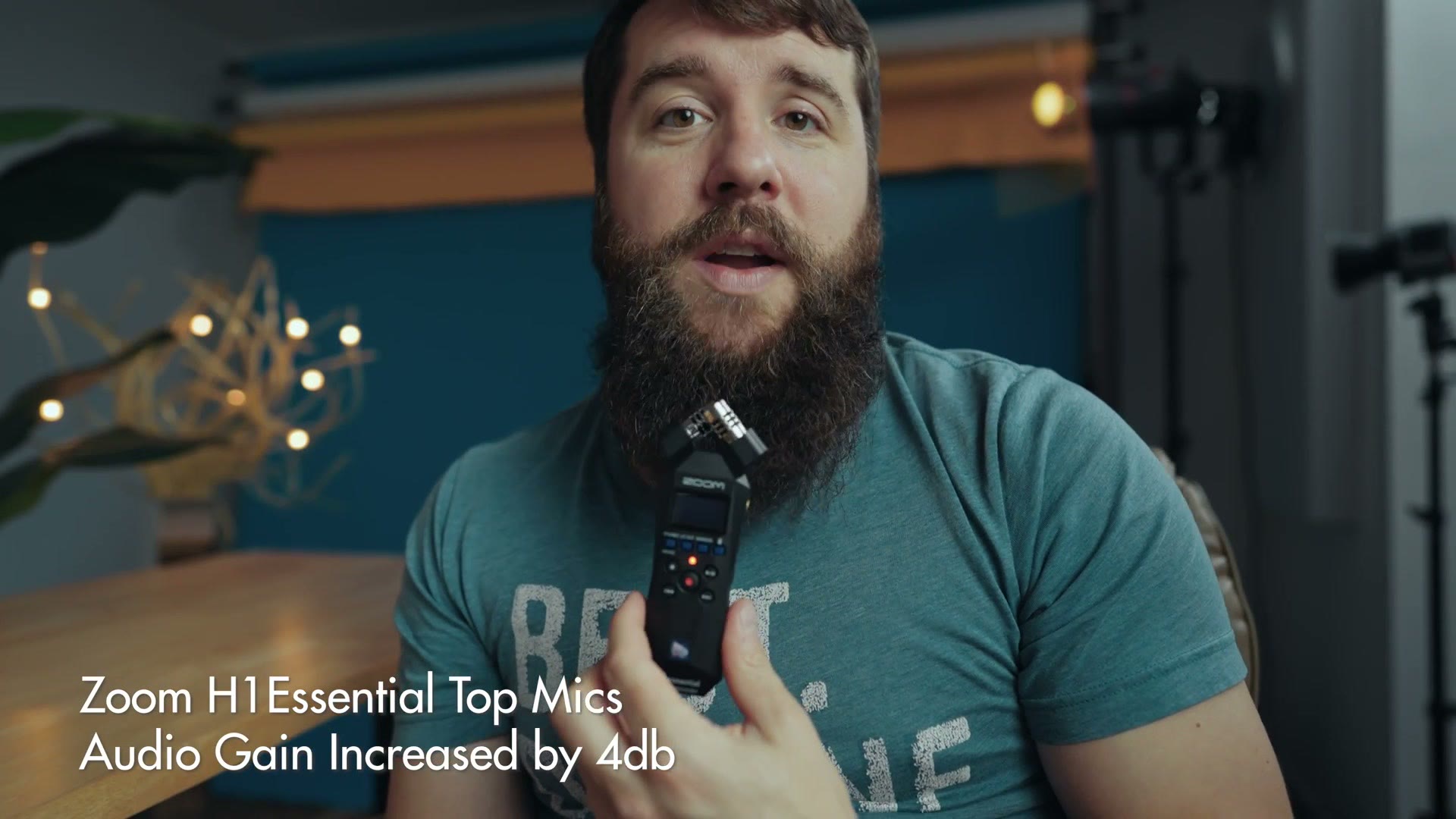 On screen caption reading Zoom H1Essential Top Mics, Audio Gain Increased by 4db