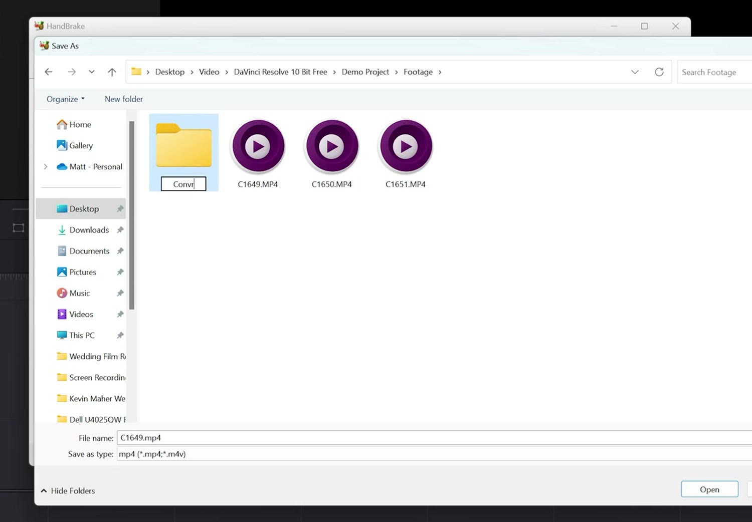 Handbrake Save As dialog with a new folder named Converted