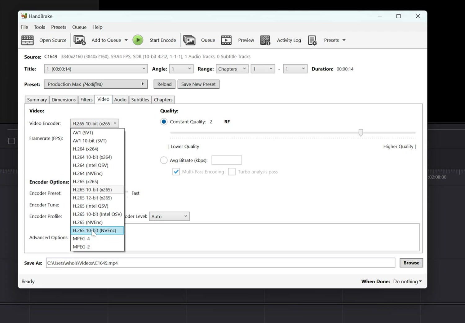 Handbrake Video tab with the Video Encoder dropdown open showing H.265 10-bit options