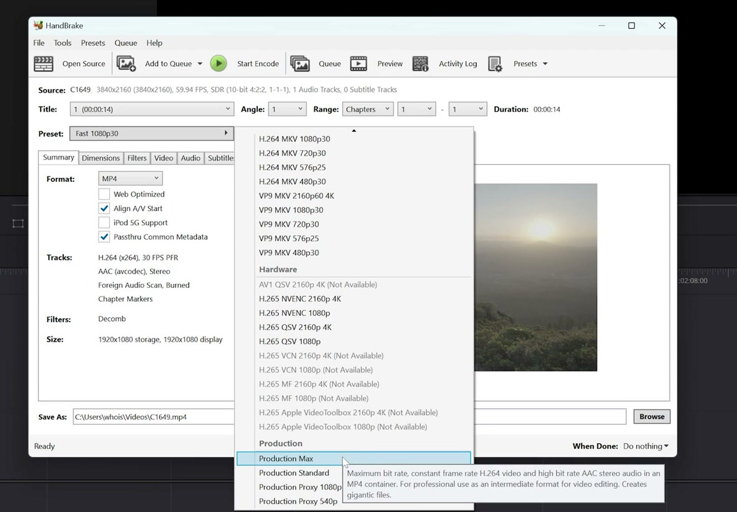 Handbrake preset dropdown open with Production Max highlighted