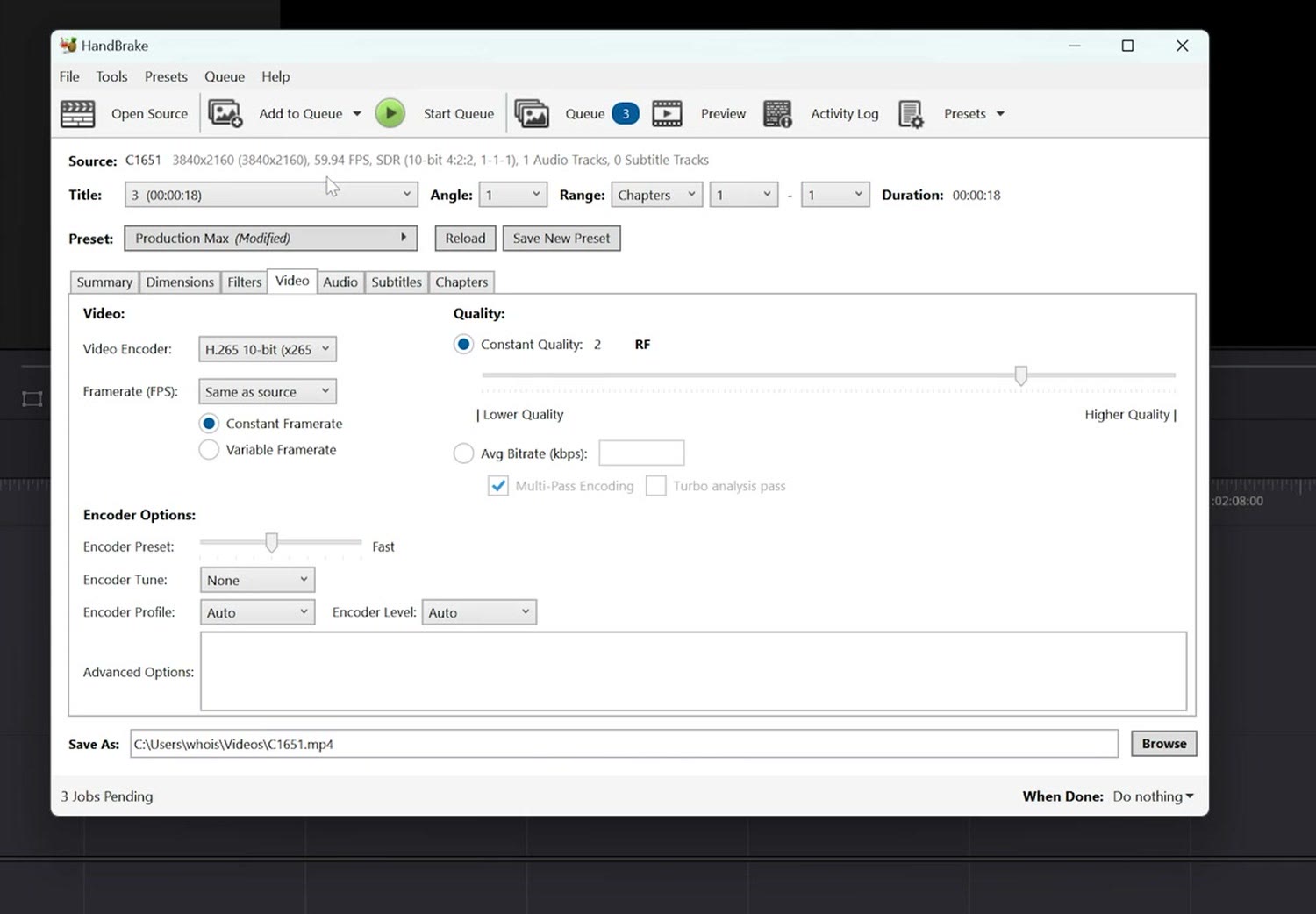 Handbrake showing three jobs pending in the encode queue