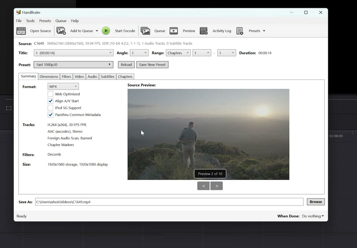 Handbrake main window showing the source video as 10-bit 4:2:2