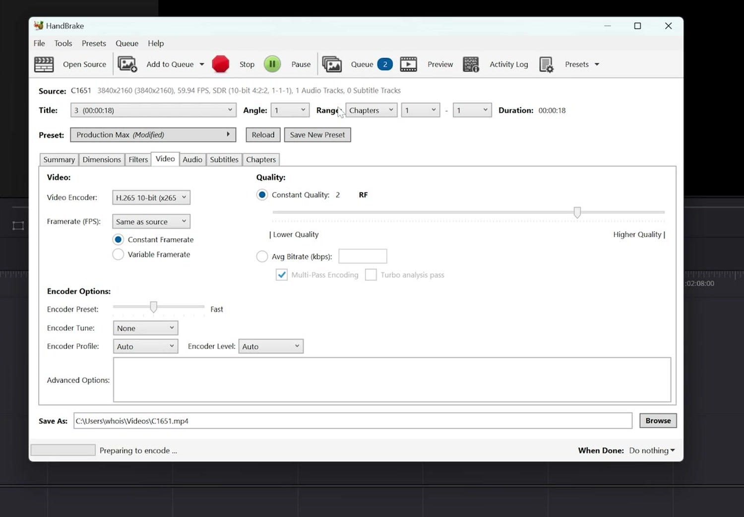 Handbrake encoding the queued video files