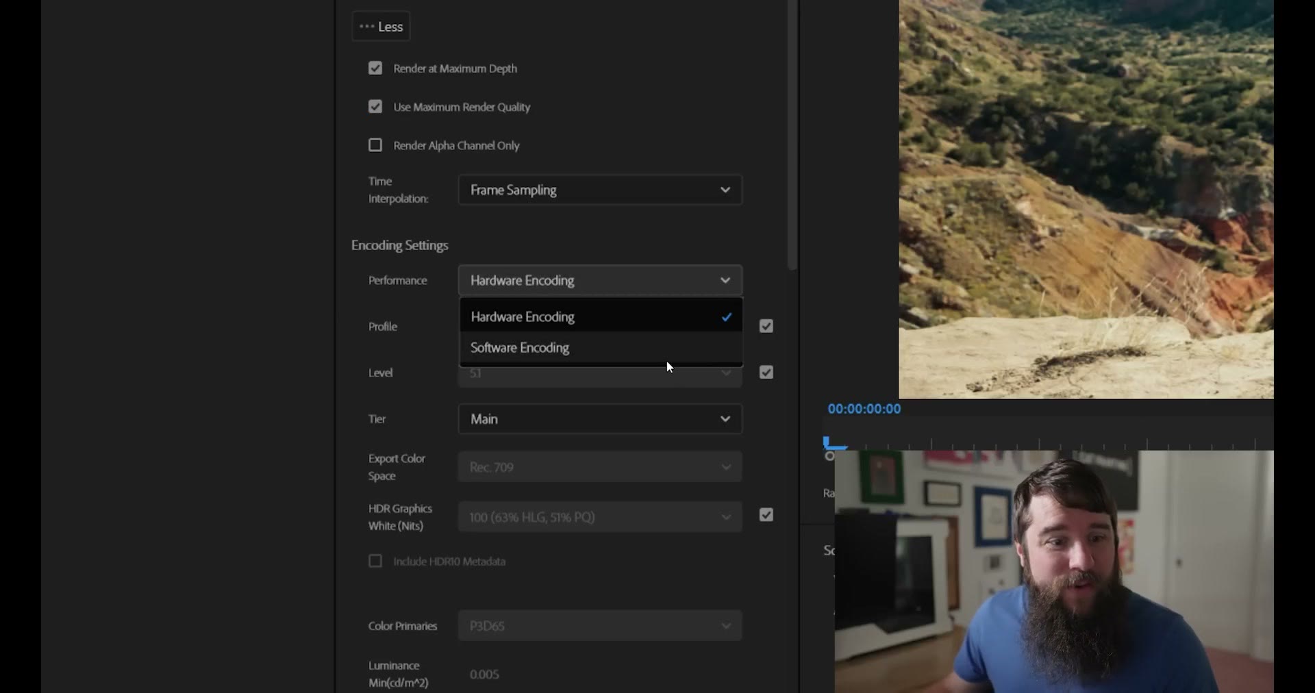 Encoding settings dropdown showing hardware and software encoding