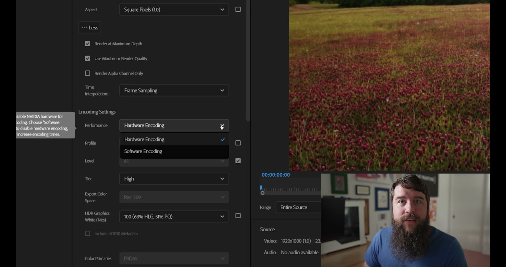 Encoding settings with hardware encoding selected