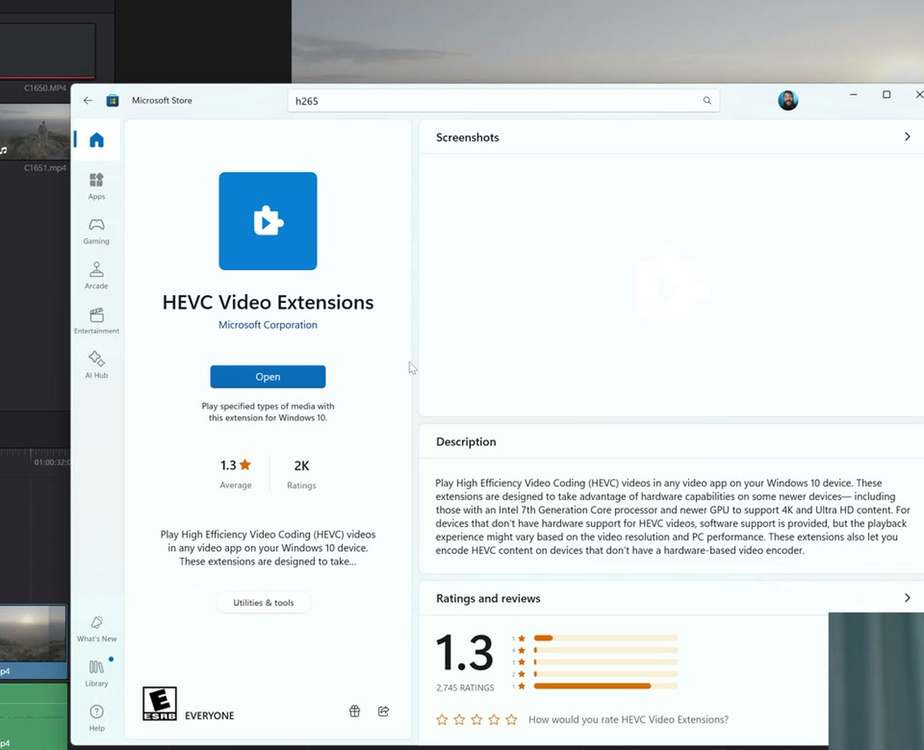 HEVC Video Extensions listing in the Microsoft Store