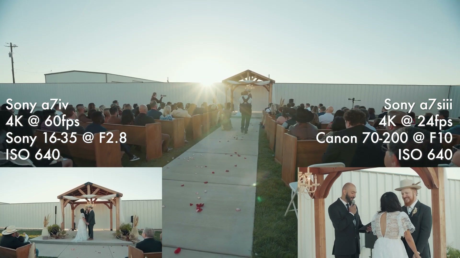 Split screen of a hot outdoor wedding ceremony filmed on two Sony cameras