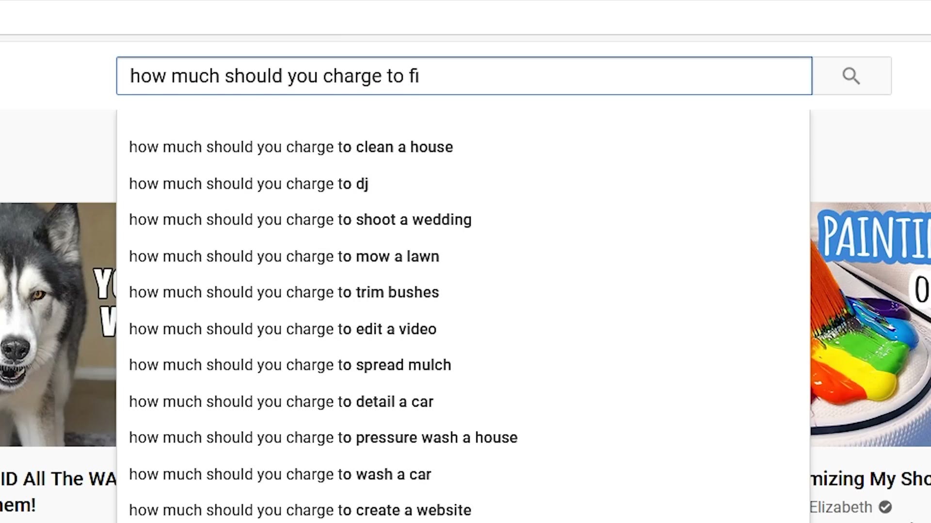A search box with the words how much should you charge to fi typed in, and an autocomplete list including how much should you charge to shoot a wedding