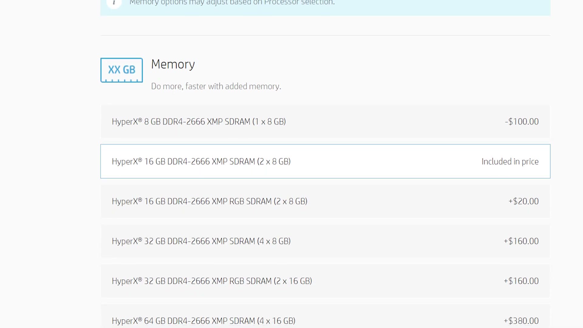 HP memory configurator showing RAM upgrade prices