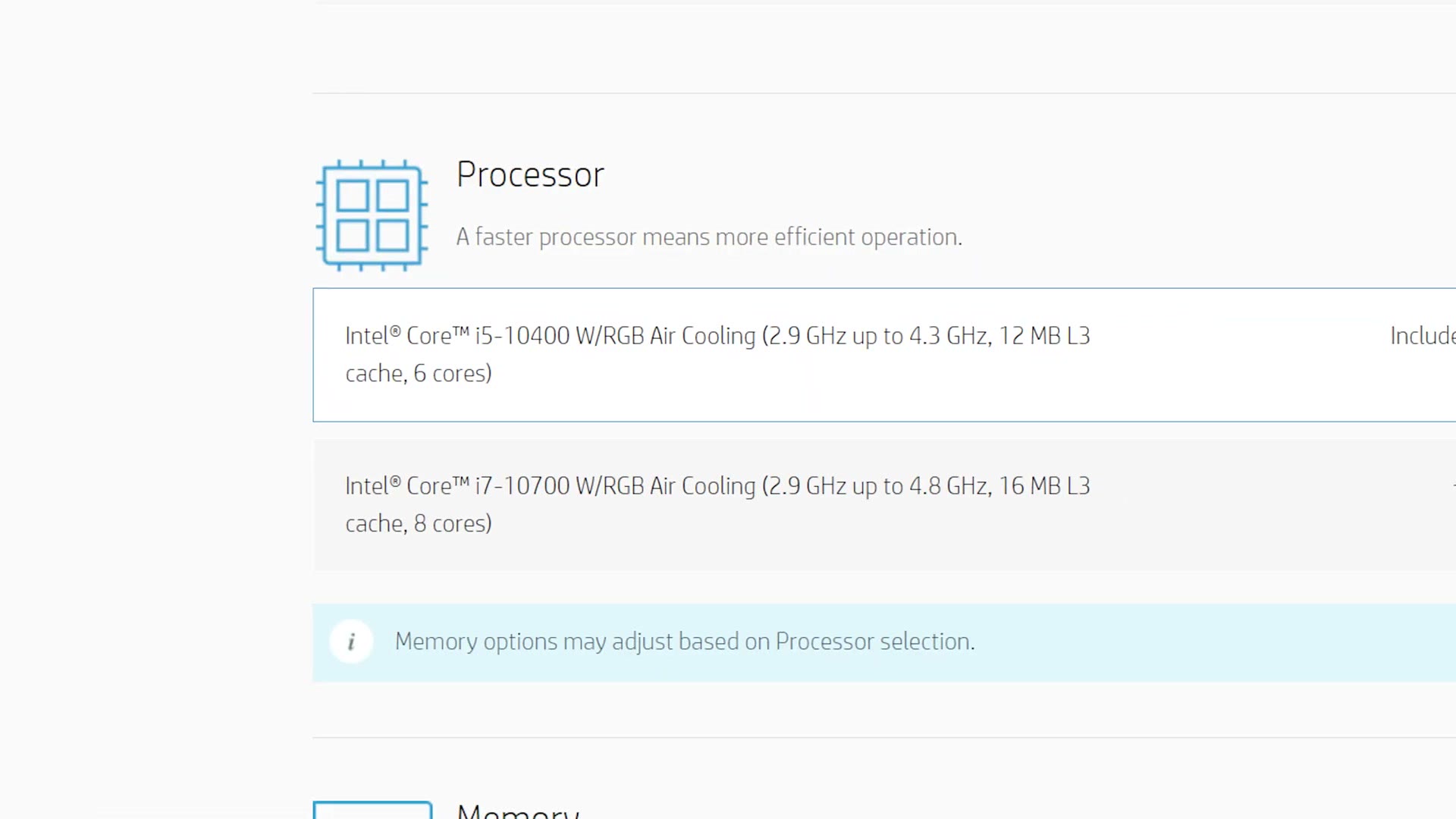 HP processor configurator showing CPU upgrade options