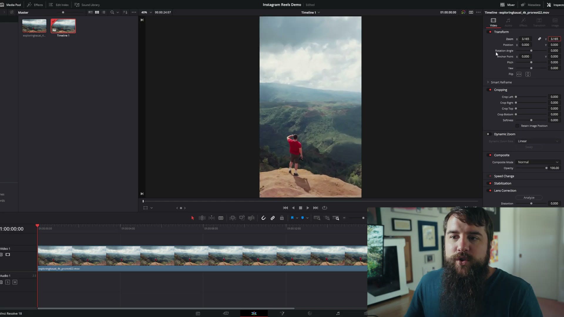 The same clip zoomed to about 3.165 in the Inspector so it fills the vertical frame