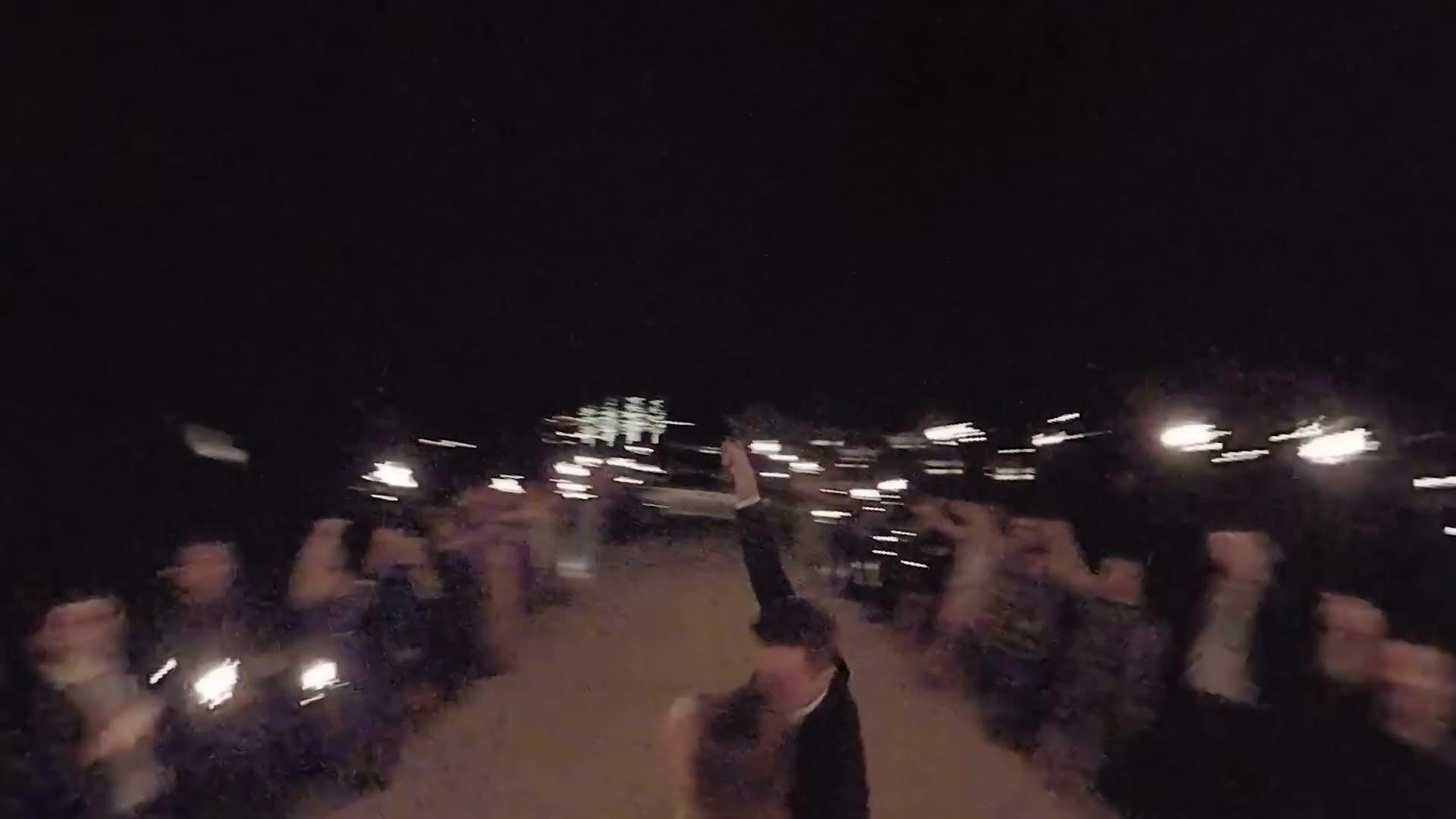 The same sparkler exit filmed in 360 bullet time on the Insta360 ONE X, dark and heavily noisy