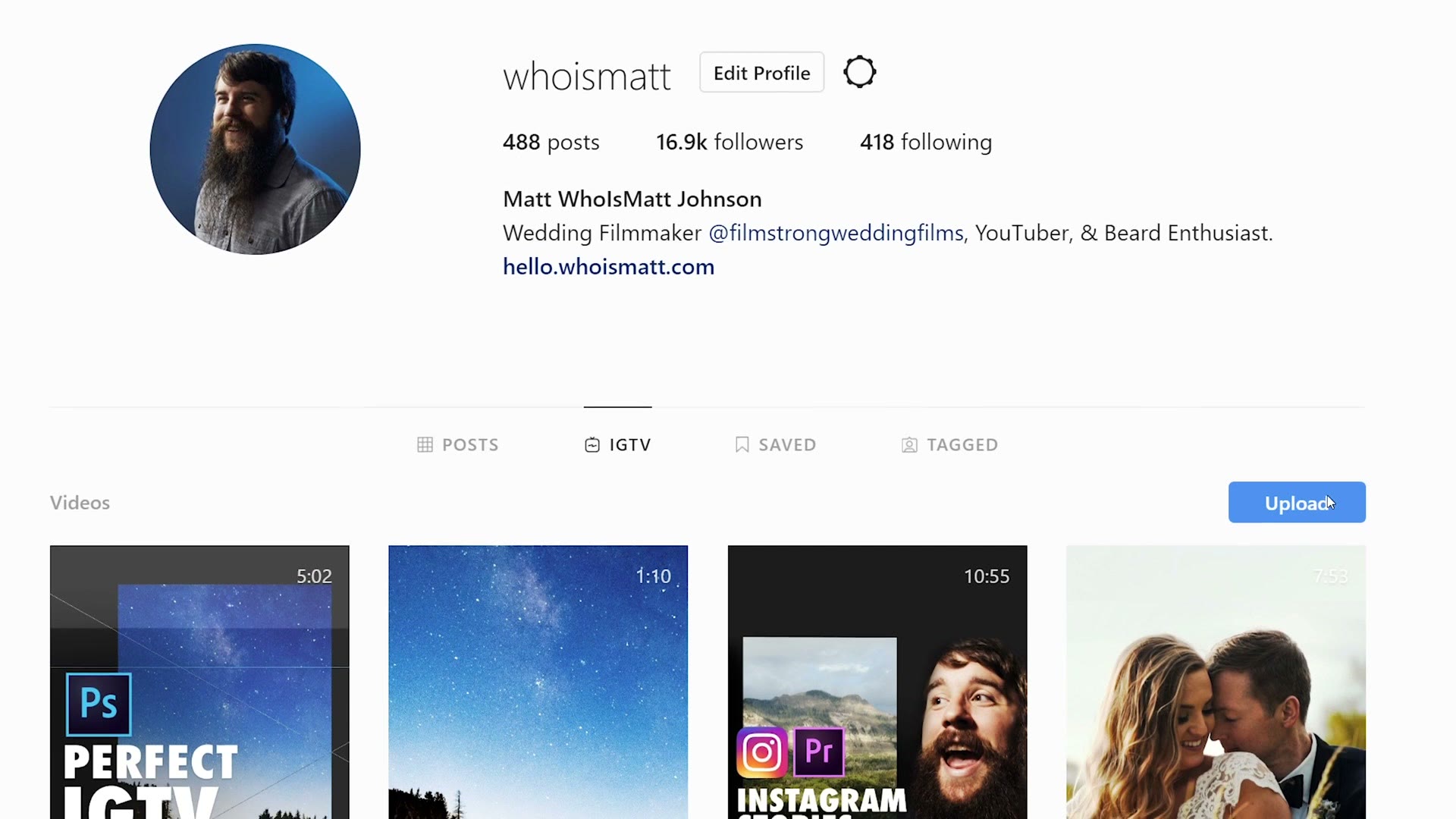 An Instagram profile page on the web with the IGTV tab selected and an Upload button in the top right