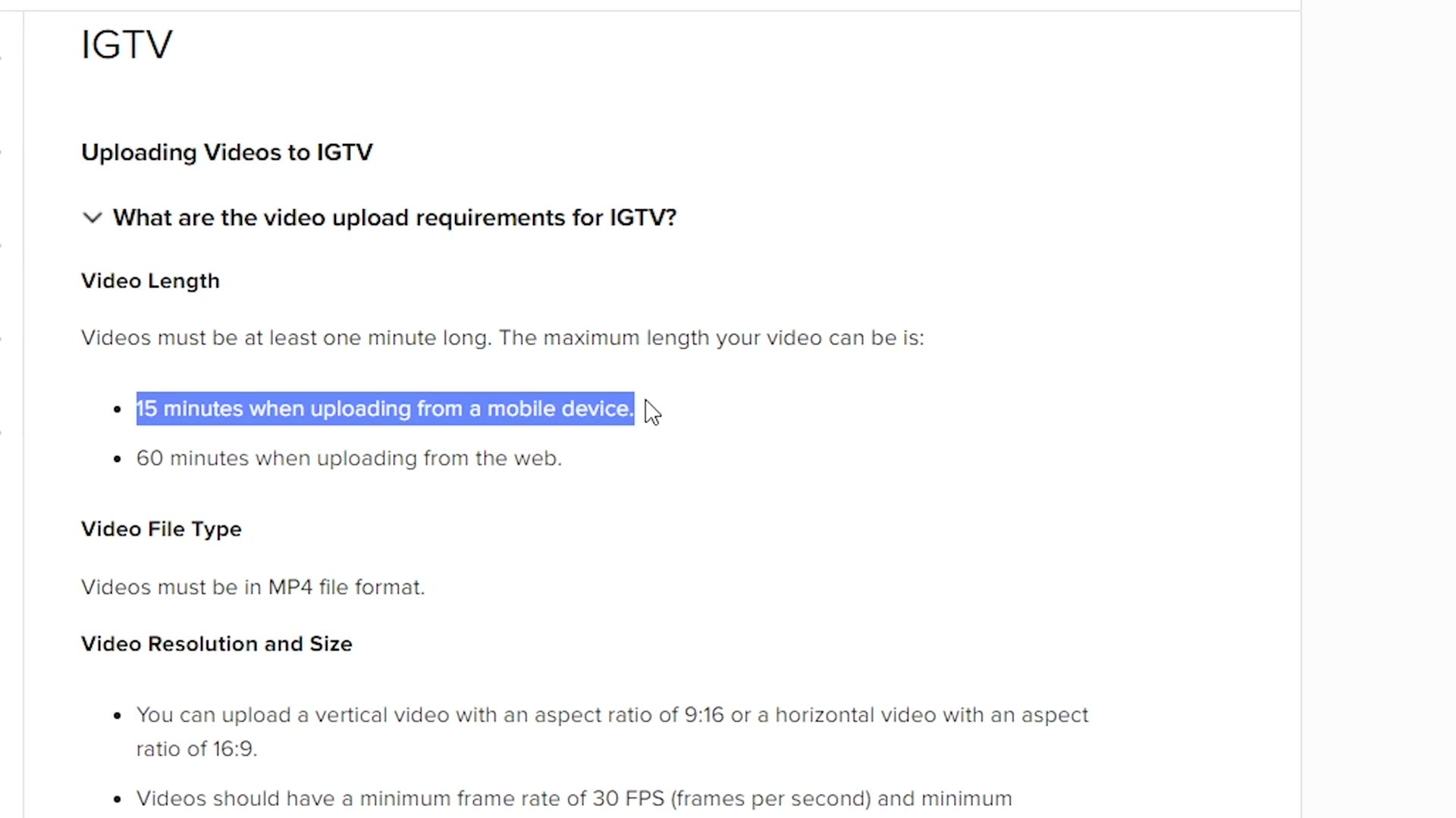 Instagram's help documentation page listing IGTV upload requirements including minimum one minute length, 15 minutes from mobile, 60 minutes from the web, MP4 format and 9:16 or 16:9 aspect ratios