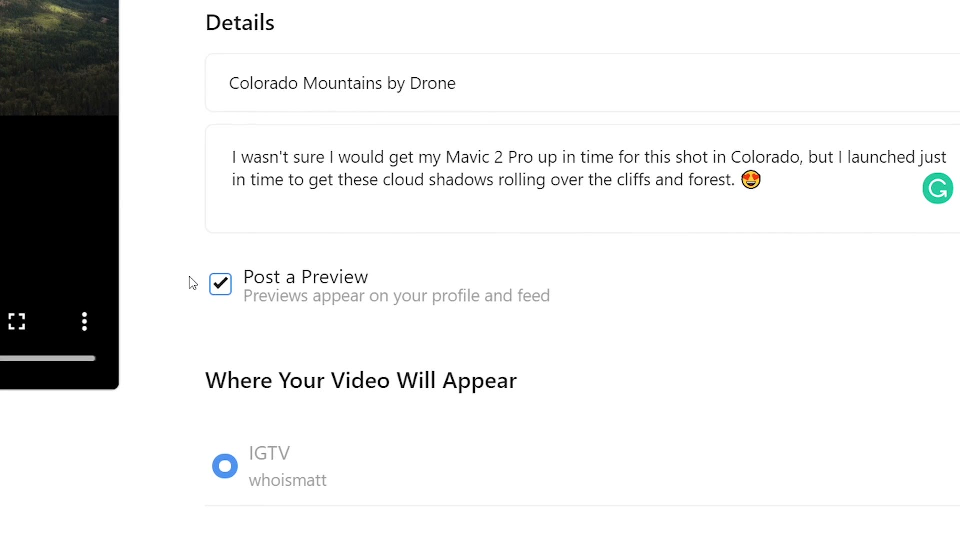 The IGTV upload details panel with a title and description filled in and the Post a Preview checkbox ticked