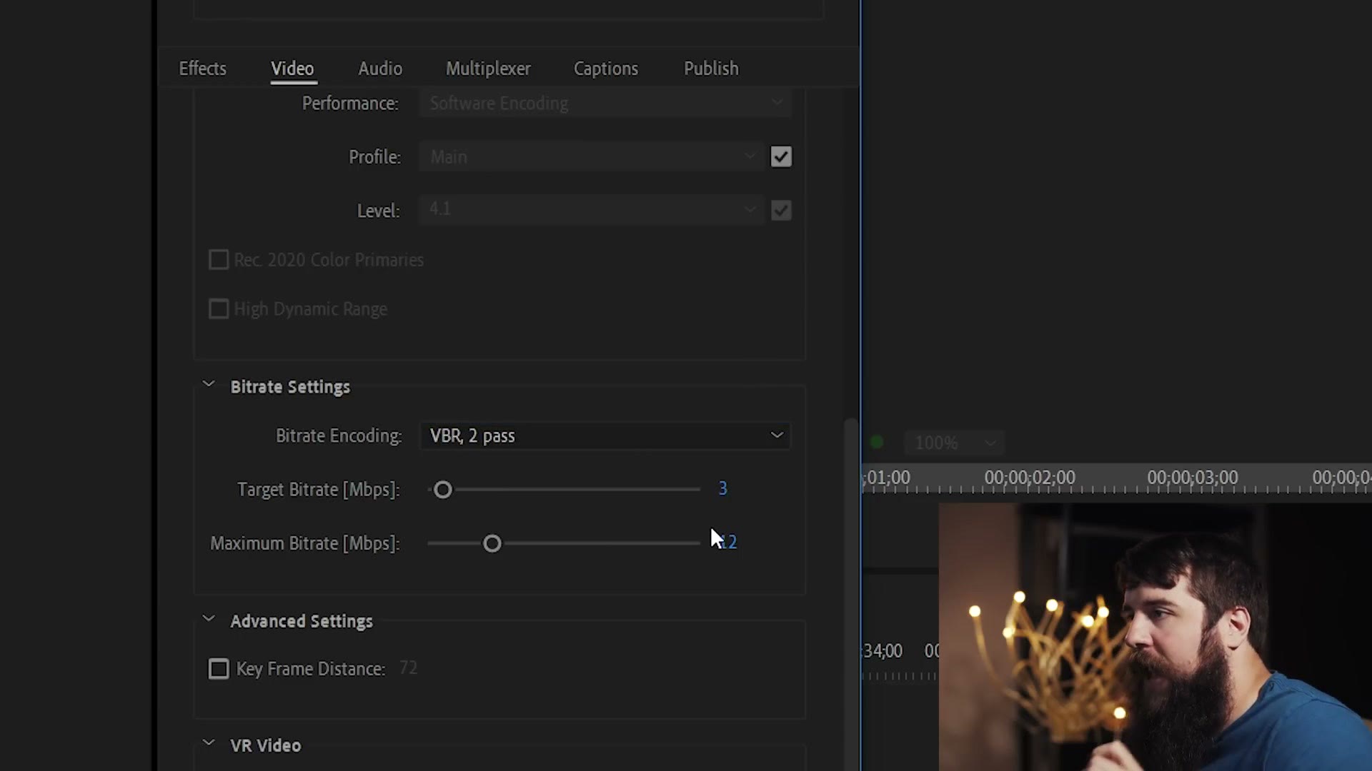 Premiere Pro export Bitrate Settings with Bitrate Encoding set to VBR 2 pass and the target bitrate dragged down to 3