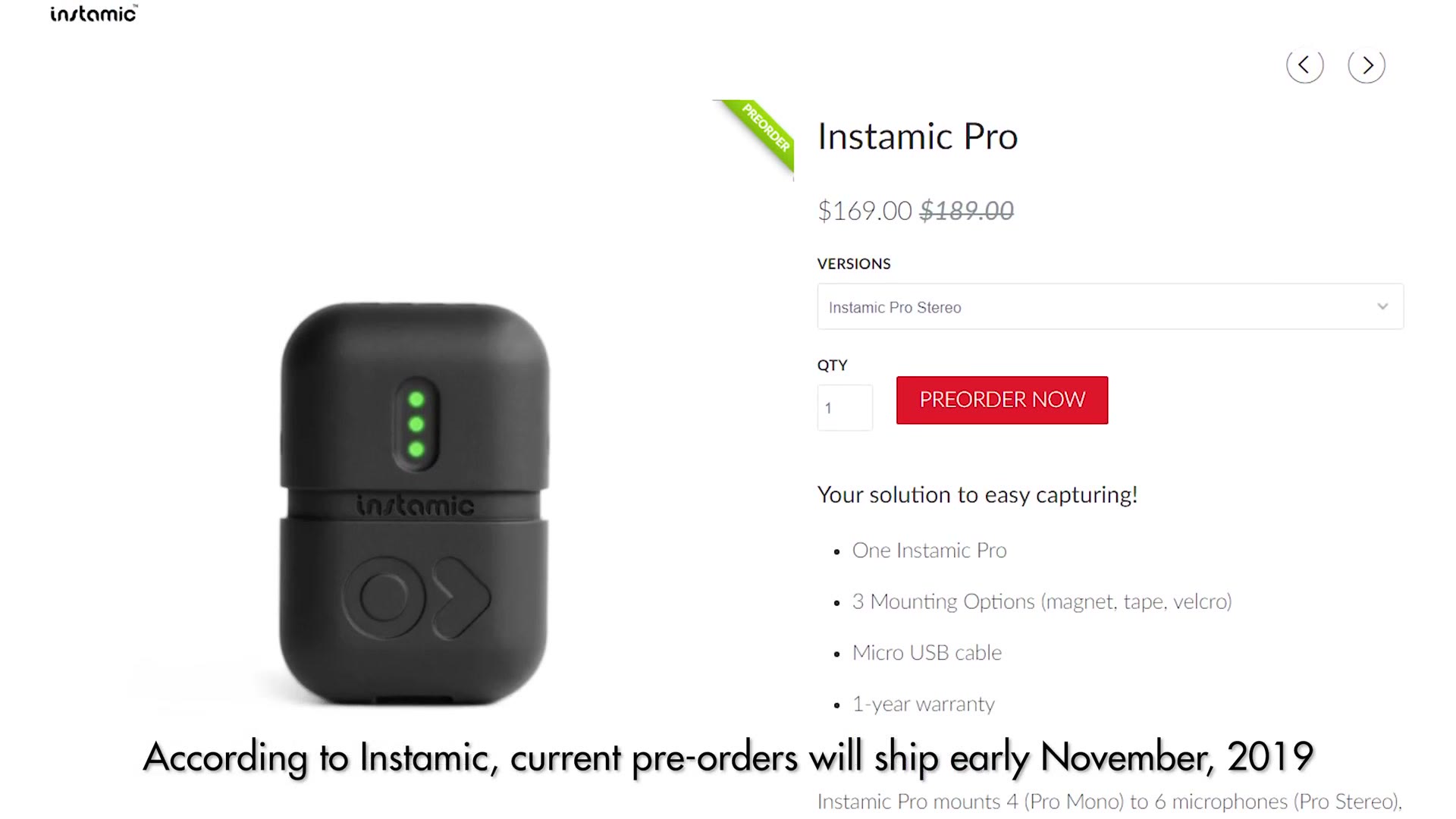 The Instamic Pro Stereo product page showing a sale price of $169 down from $189